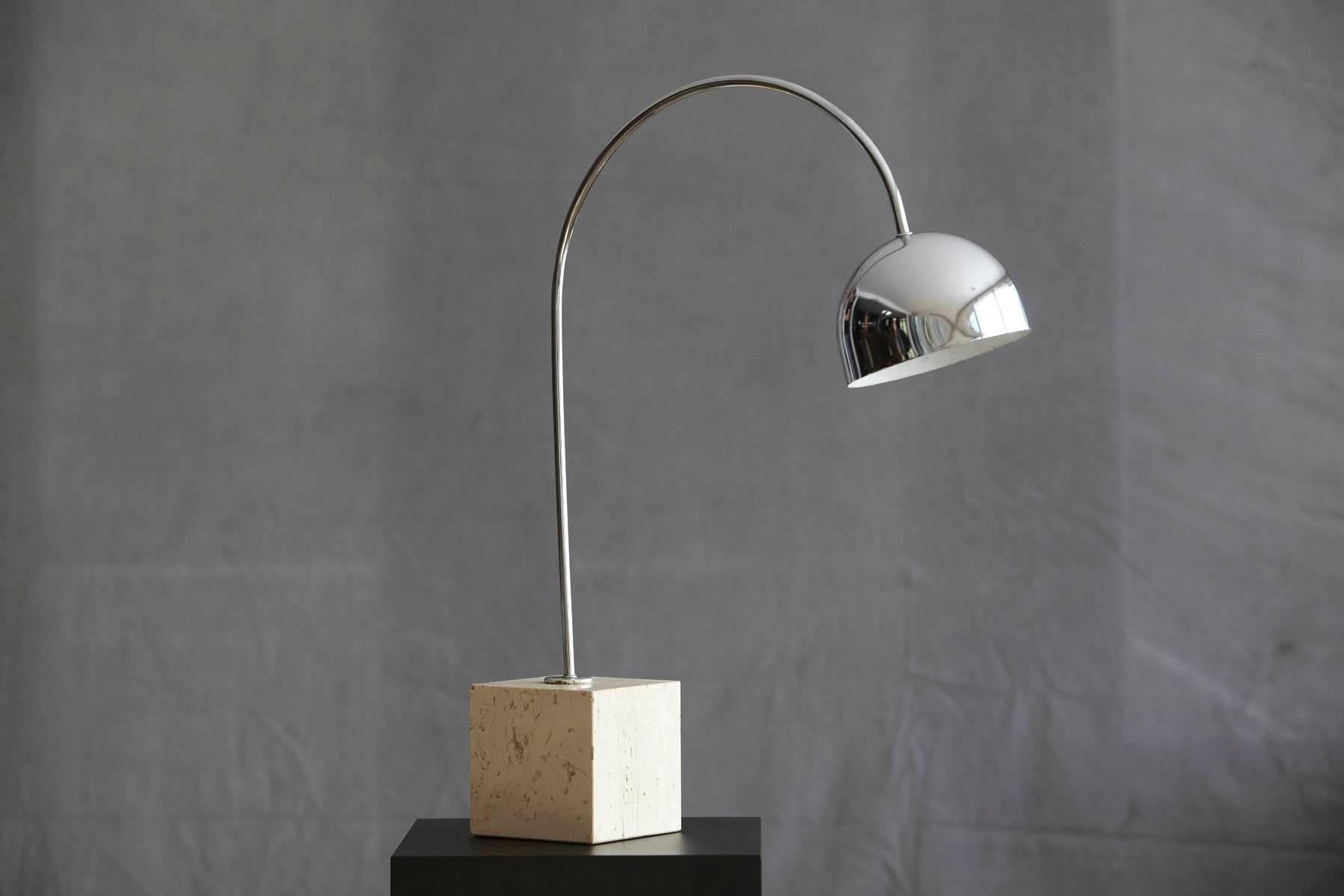 Mid-Century Modern Harvey Guzzini Chrome Arc Table Lamp on Square Travertine Base
