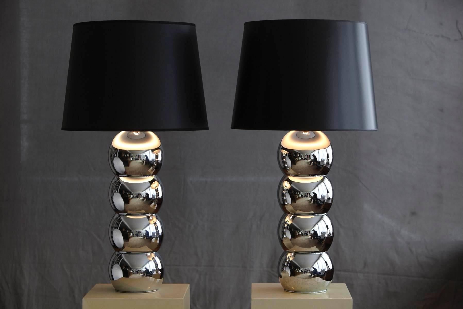 American Pair of George Kovacs Stacked Chrome Ball Table Lamps