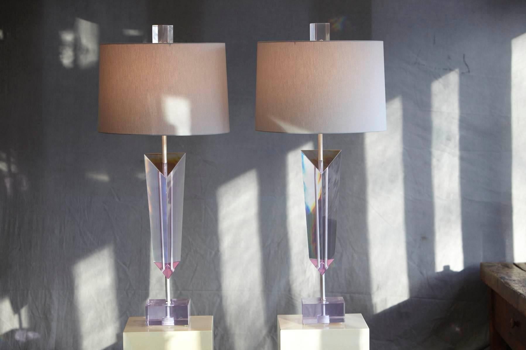 Pair of Large Light Purple Lucite Van Teal Lamps with New Linen Shades, Signed 4