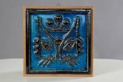 Blue Cat Tile Wall Relief Plate by Konrad Galaaen for Porsgrund, Norway