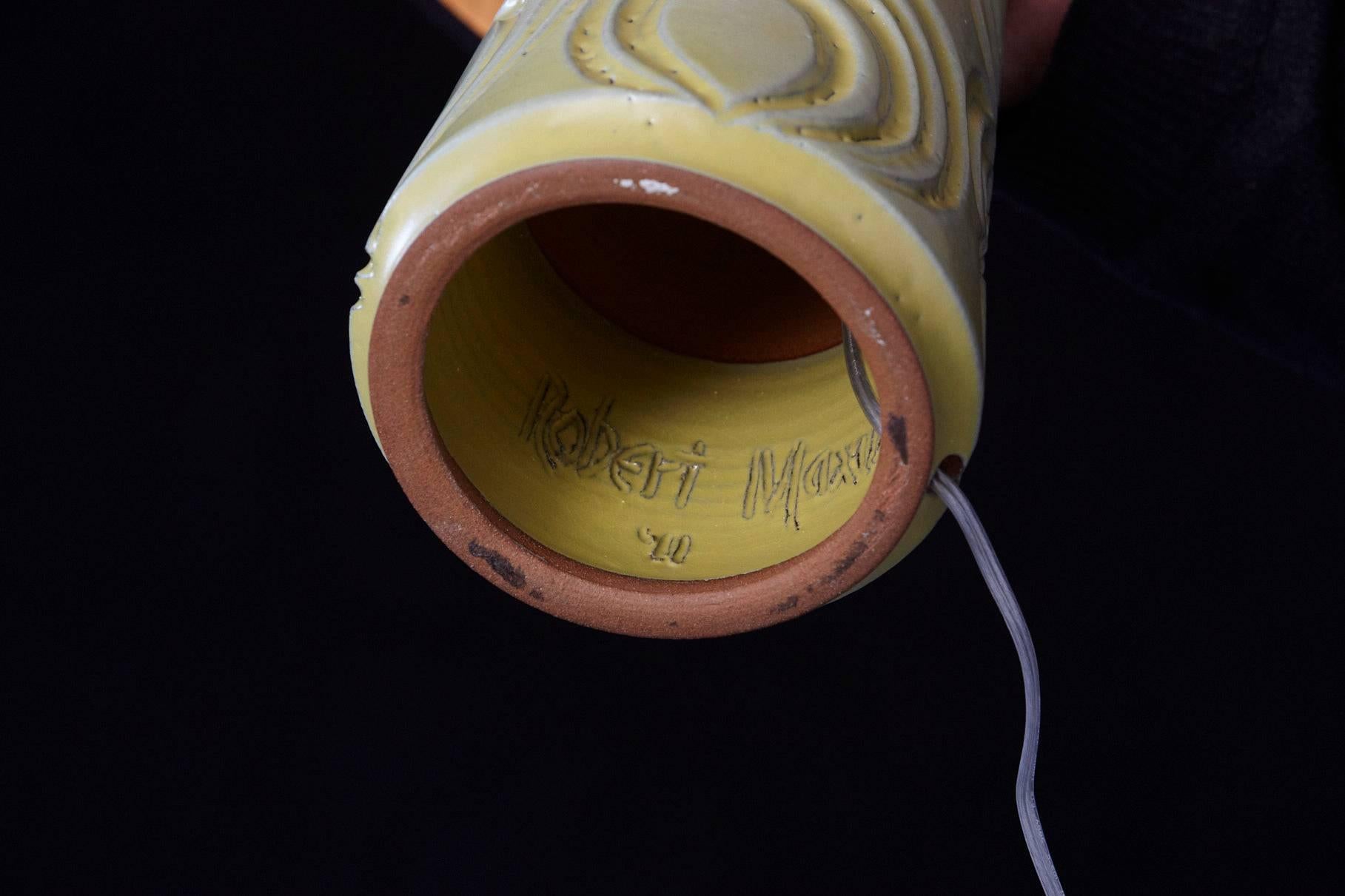Linen Yellow Ceramic Lamp with Decorative Elements by Robert Maxwell and New Shade For Sale