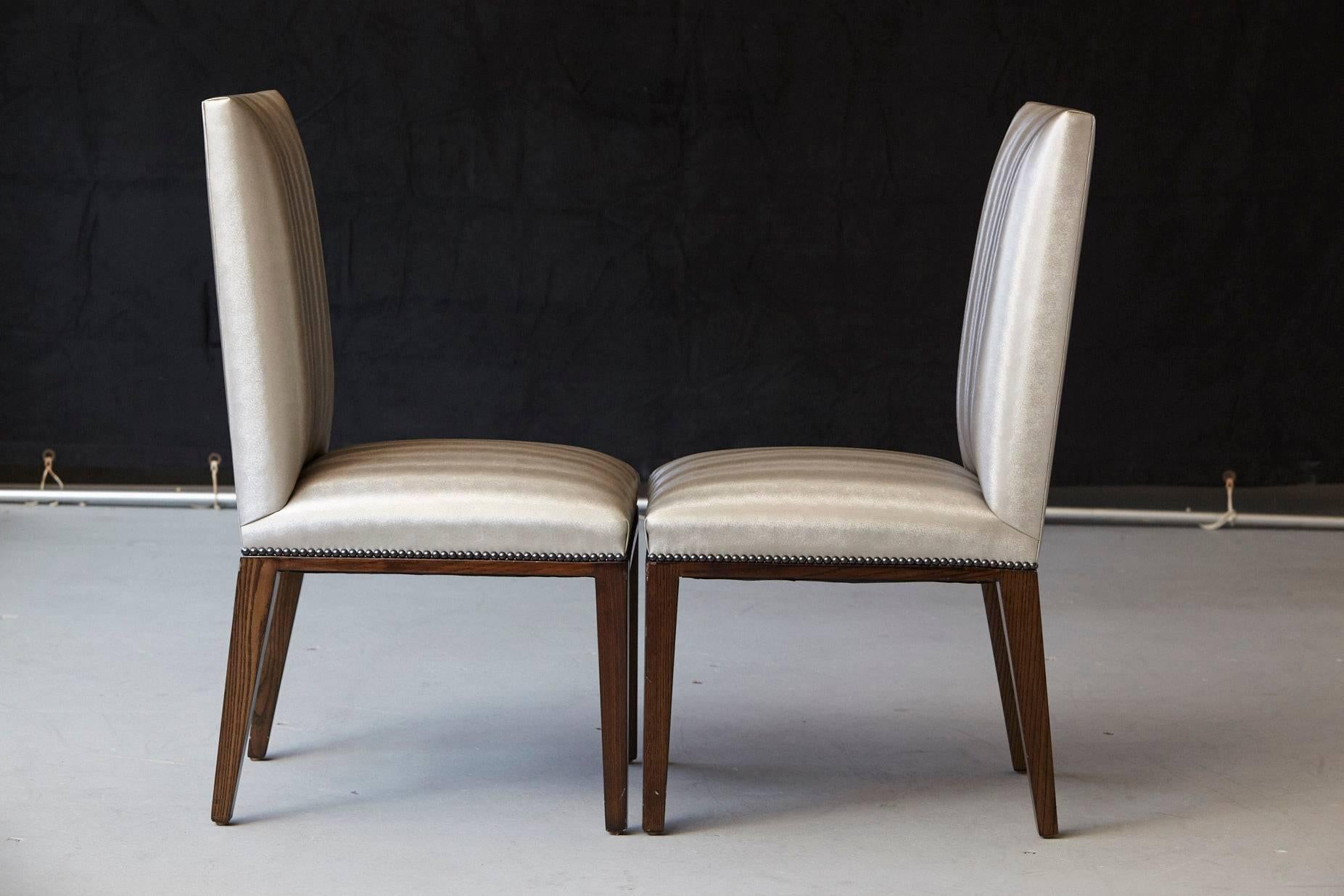Modern Set of Four Custom Made Dining Chairs in Silver Faux Leather