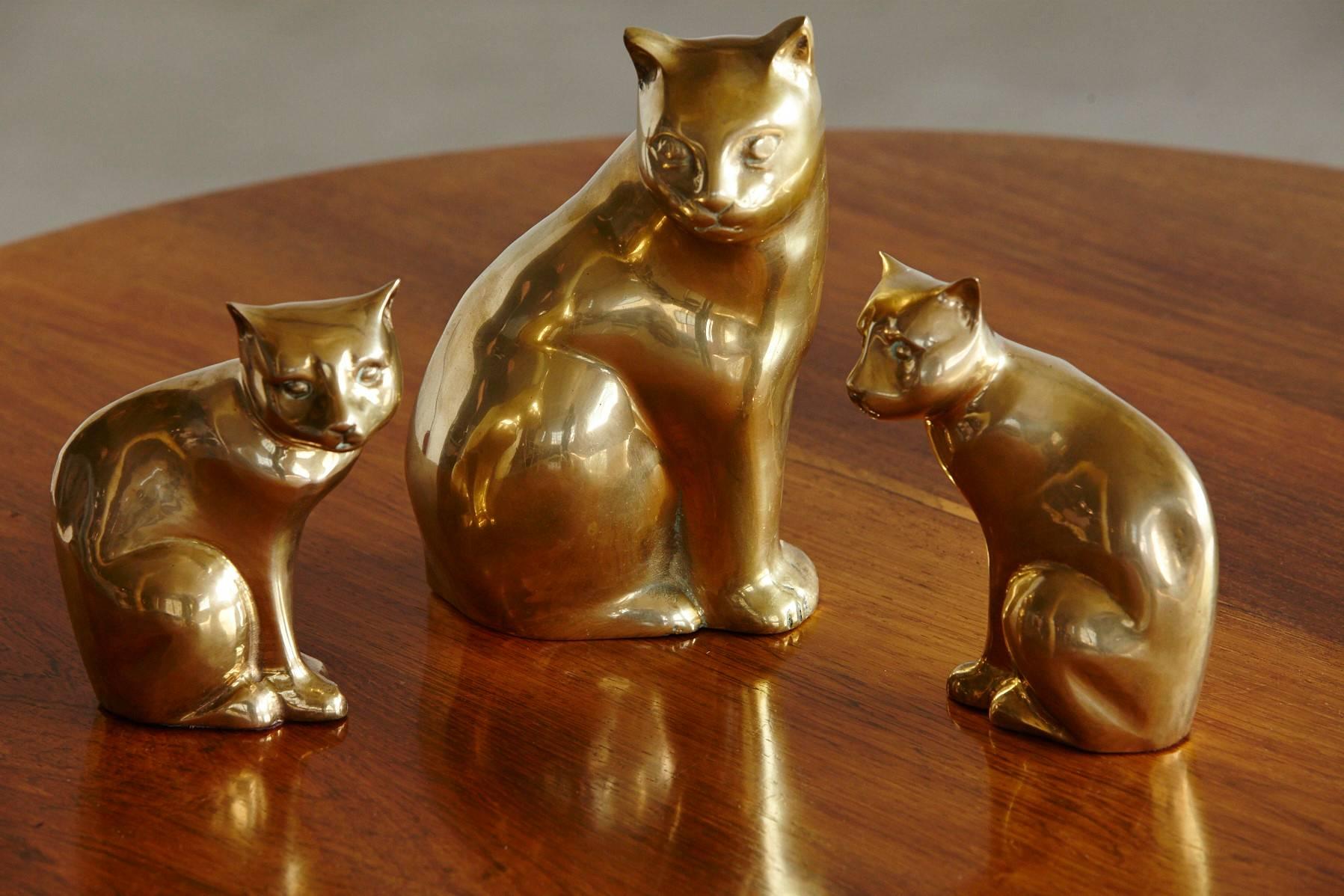 Mid-Century Modern Cat Family, Group of Three Brass Cats, Mother and Two Kittens