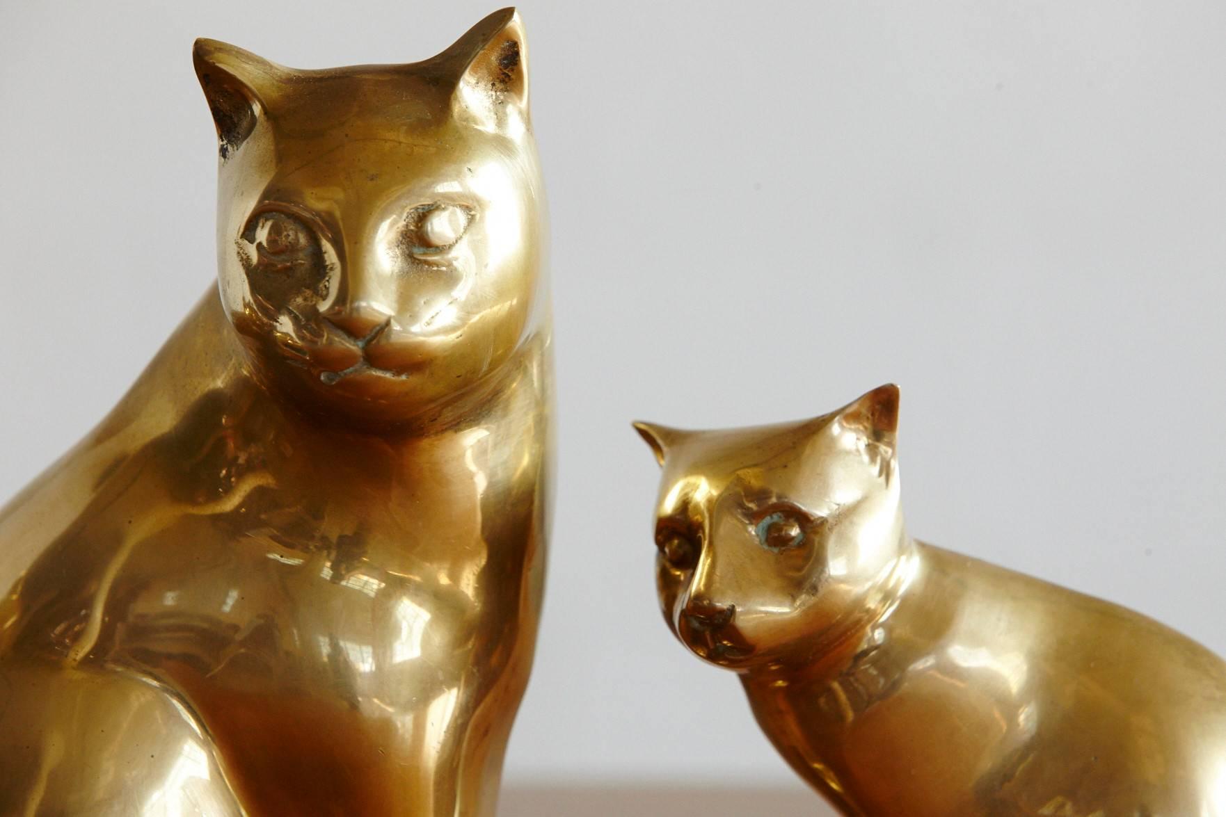 American Cat Family, Group of Three Brass Cats, Mother and Two Kittens