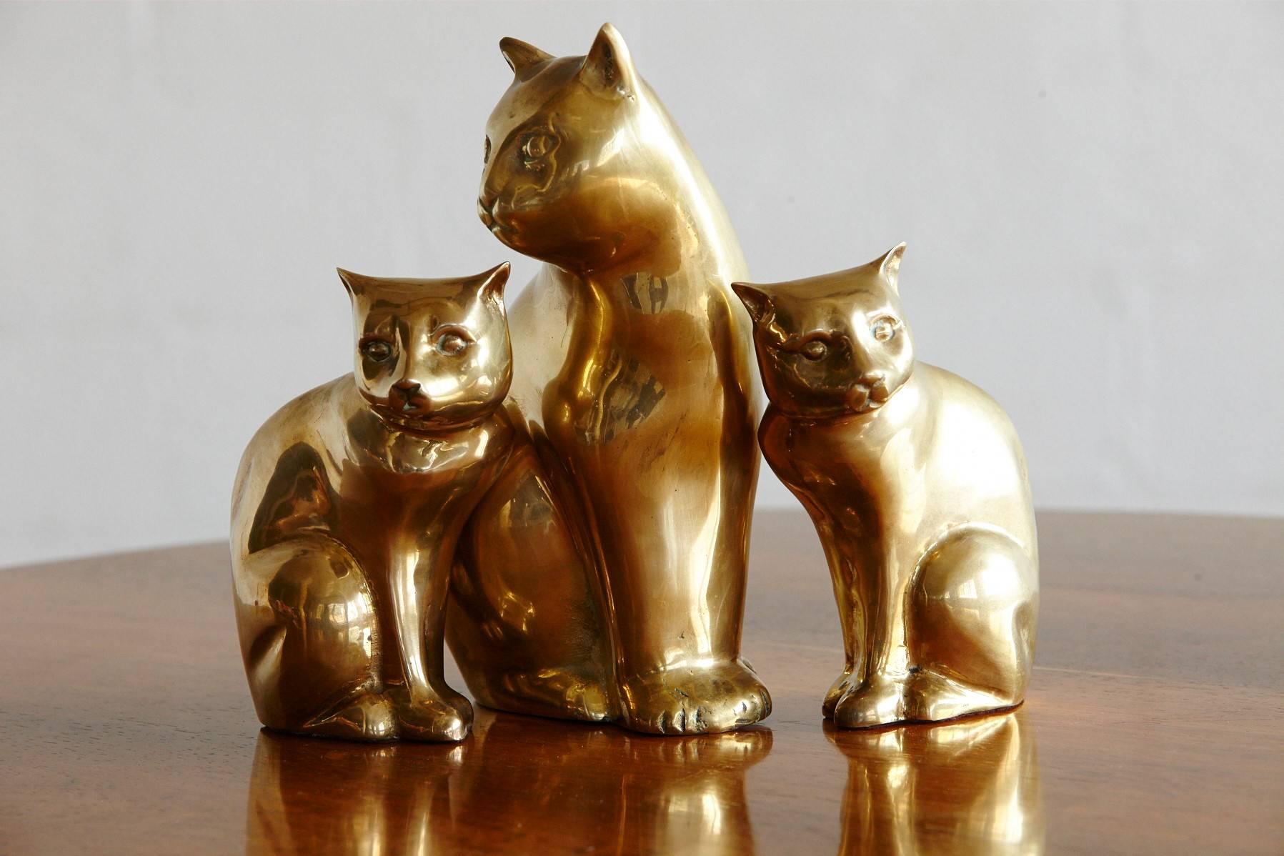 Late 20th Century Cat Family, Group of Three Brass Cats, Mother and Two Kittens