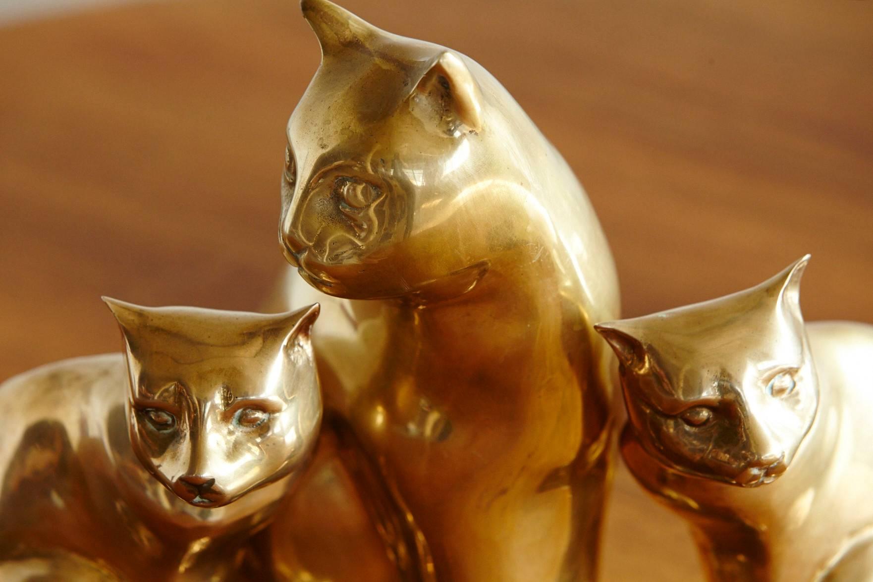 Cat Family, Group of Three Brass Cats, Mother and Two Kittens 1