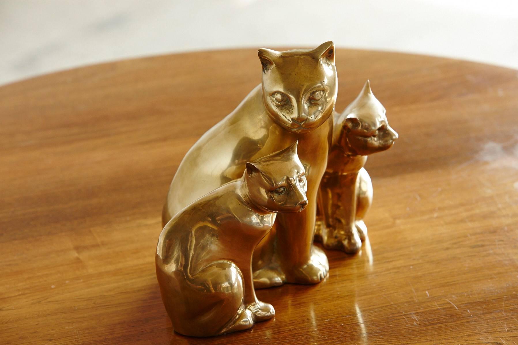 Cat Family, Group of Three Brass Cats, Mother and Two Kittens 2