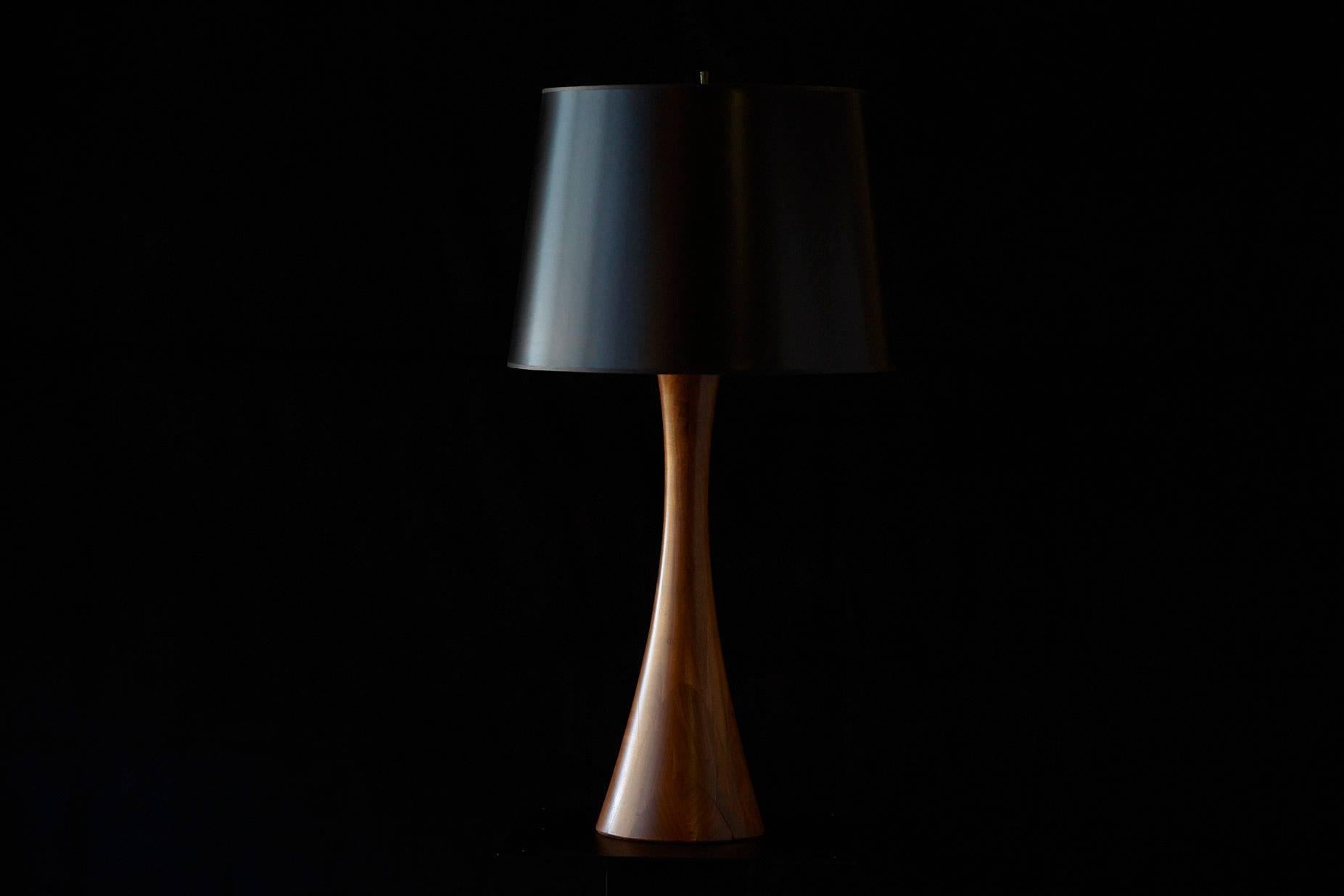 American Concave Teak Table Lamp with Black Shade, 1960s