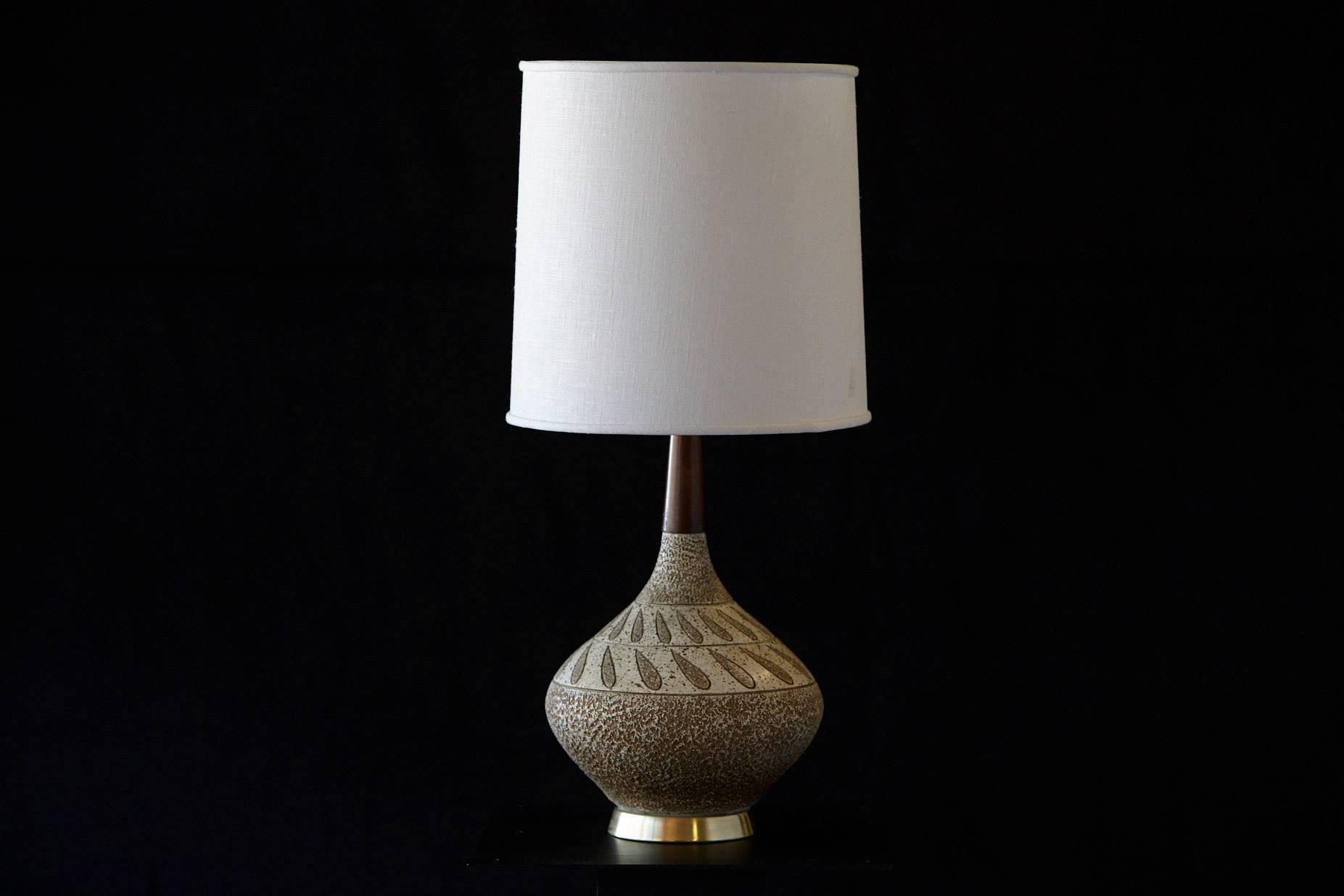 Mid-20th Century Ceramic Gourd Table Lamp with Teak Neck and Brass Base, 1960s