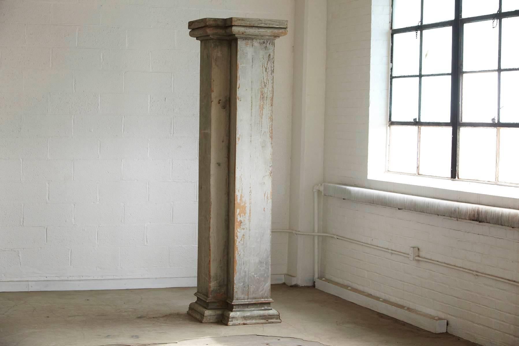 Impressive almost 8 ft tall wooden architectural column with amazing patina. 
Very sturdy and solid construction.