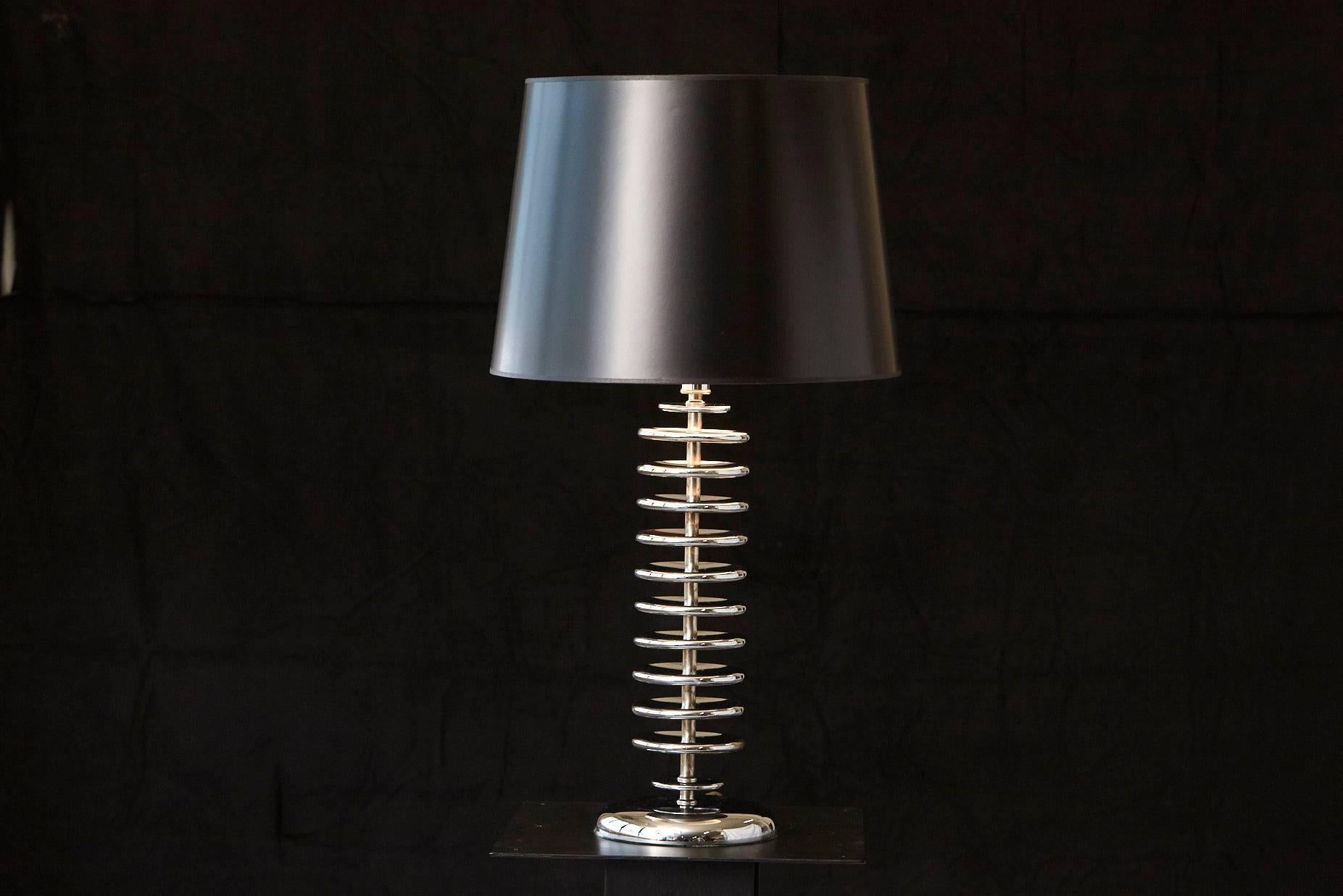 Mid-Century Modern Stacked Chrome Disc Table Lamp with Black Shade