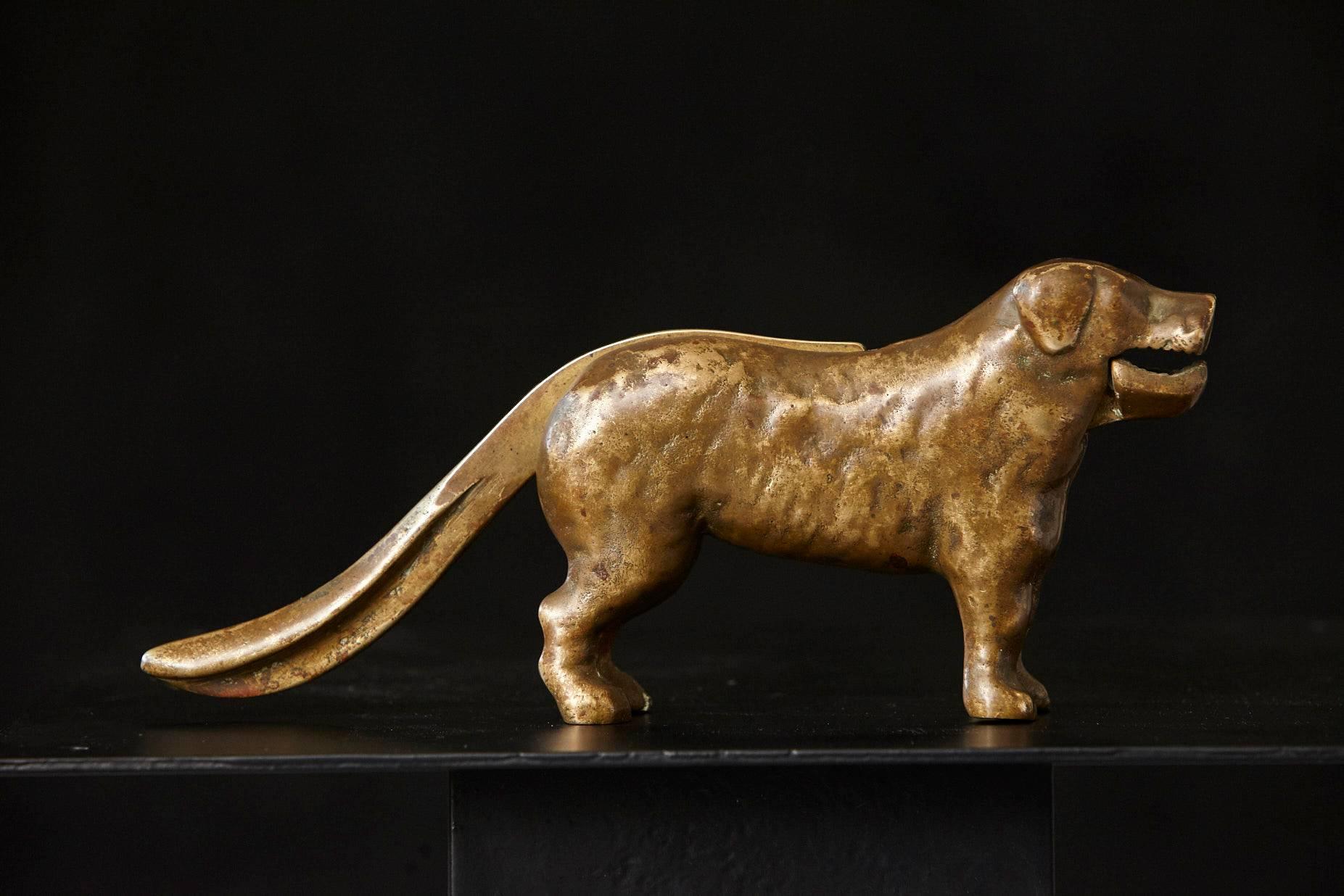 Antique brass big dog (St Bernard) nutcracker, circa 1900, features a tail lever mechanism that opens the dog's mouth. 
Beautiful heavy and sturdy construction in brass with a lovely age related patina. 
Unusual to find in brass, excellent working