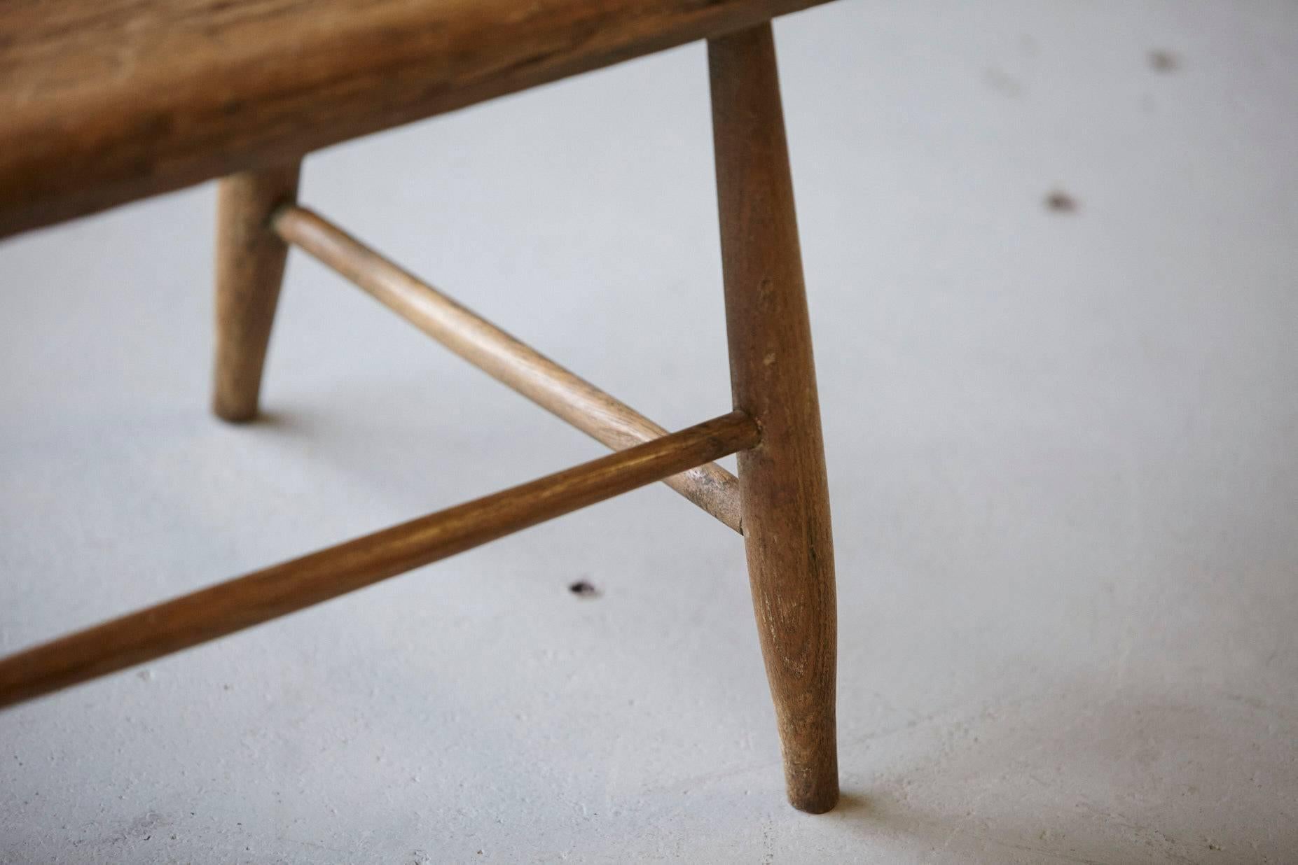 Primitive Antique Pine Wood Bench with High Cap Railed Spindle Back 1