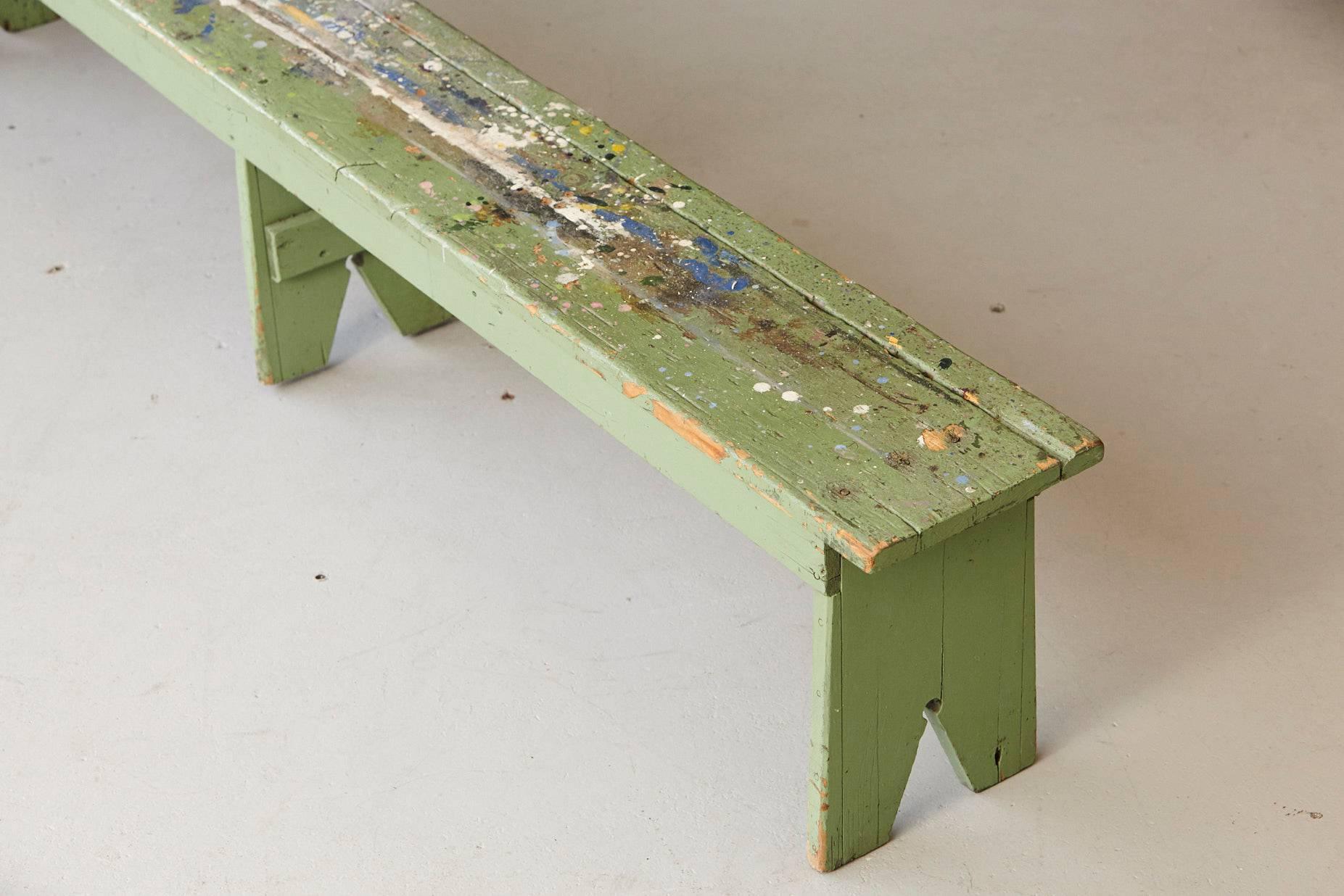American Primitive Green Pine Bench with Lots of Color Splashes from an Artist's Atelier