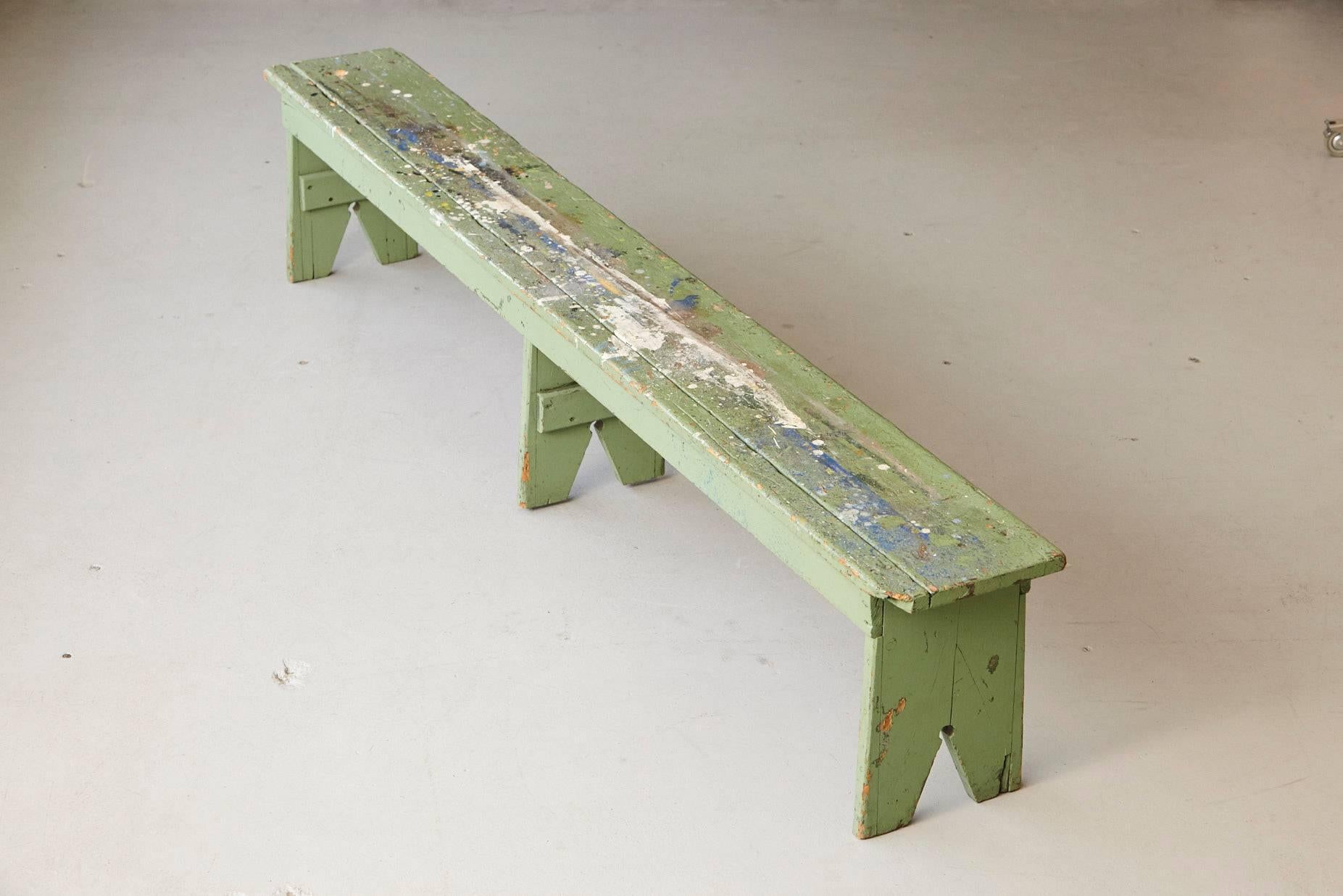 Primitive Green Pine Bench with Lots of Color Splashes from an Artist's Atelier 1