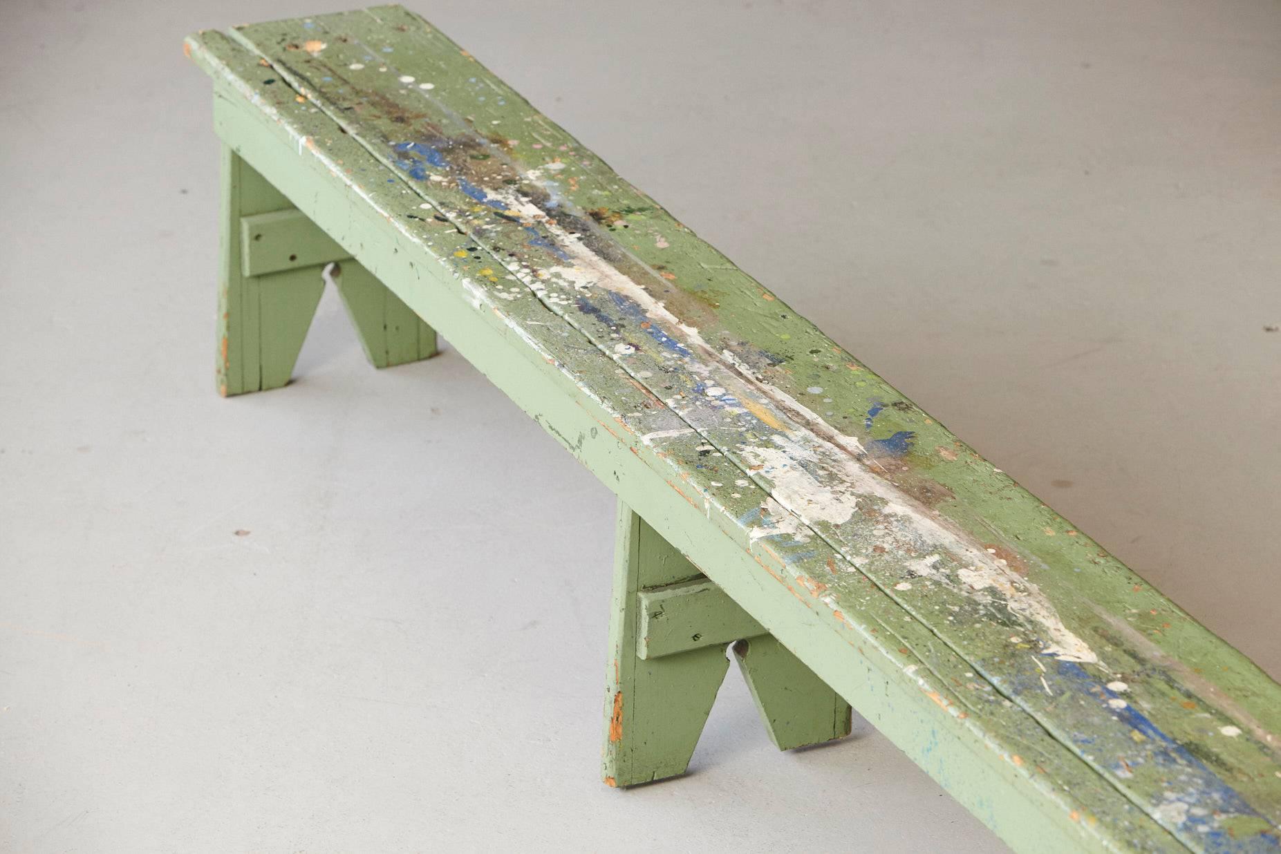 Primitive Green Pine Bench with Lots of Color Splashes from an Artist's Atelier 2