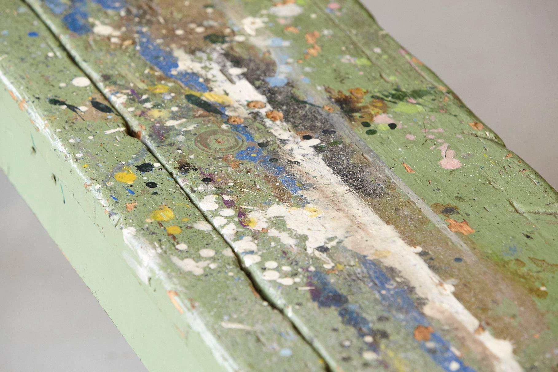 Primitive Green Pine Bench with Lots of Color Splashes from an Artist's Atelier 3