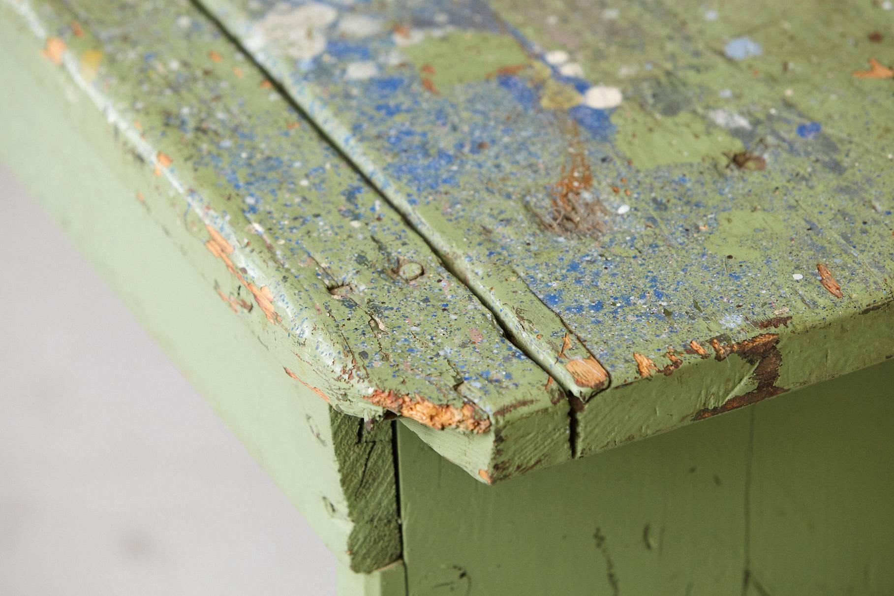 Primitive Green Pine Bench with Lots of Color Splashes from an Artist's Atelier 5