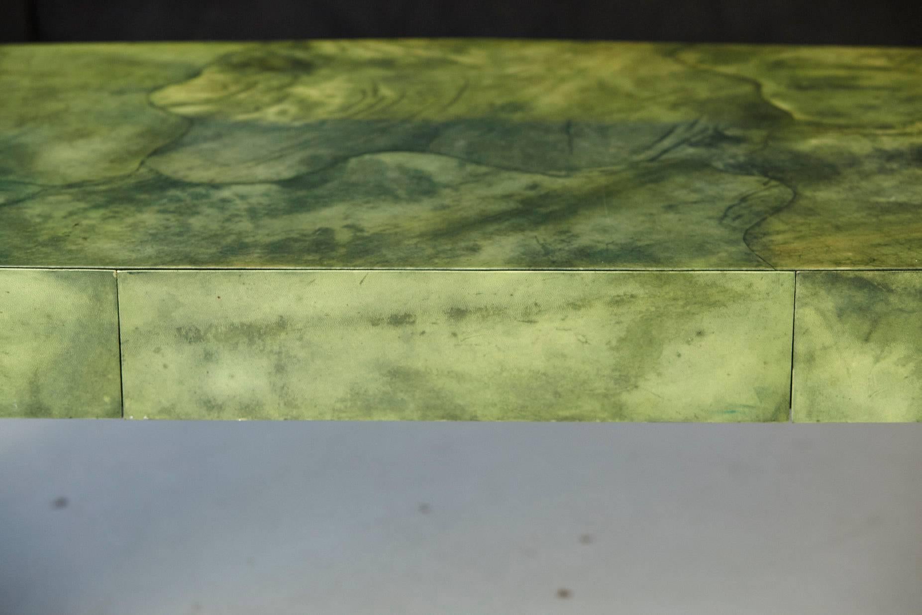 Custom Ordered Karl Springer Marbleized Emerald Green Lacquered Goatskin Desk For Sale 1