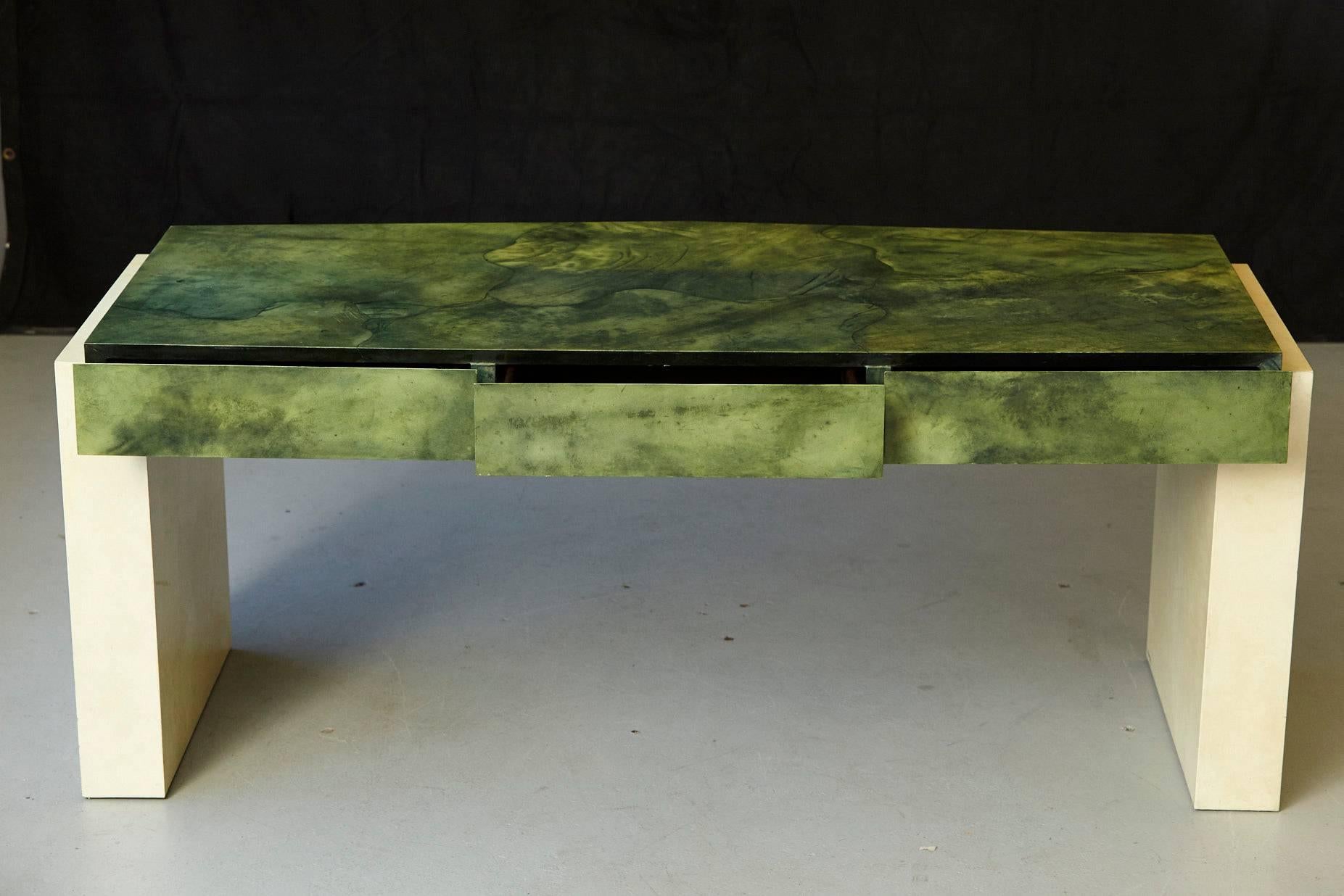 American Custom Ordered Karl Springer Marbleized Emerald Green Lacquered Goatskin Desk For Sale