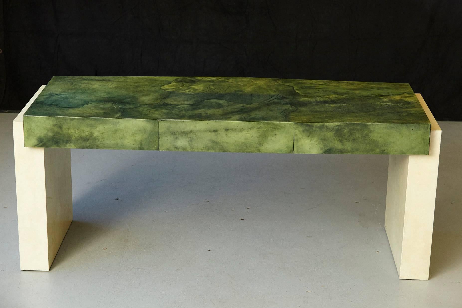 Modern Custom Ordered Karl Springer Marbleized Emerald Green Lacquered Goatskin Desk For Sale