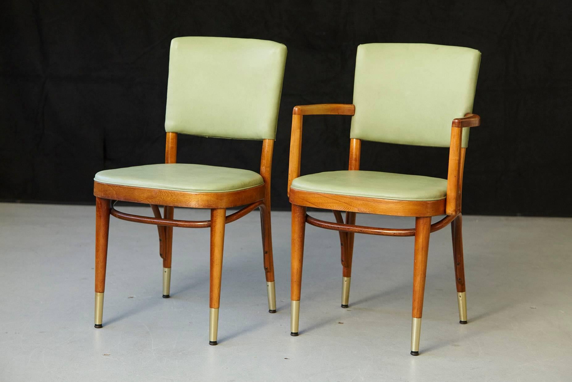 Mid-Century Modern Set of Eight Thonet Maple Bentwood Chairs in Pastel Green and Brass Sabots