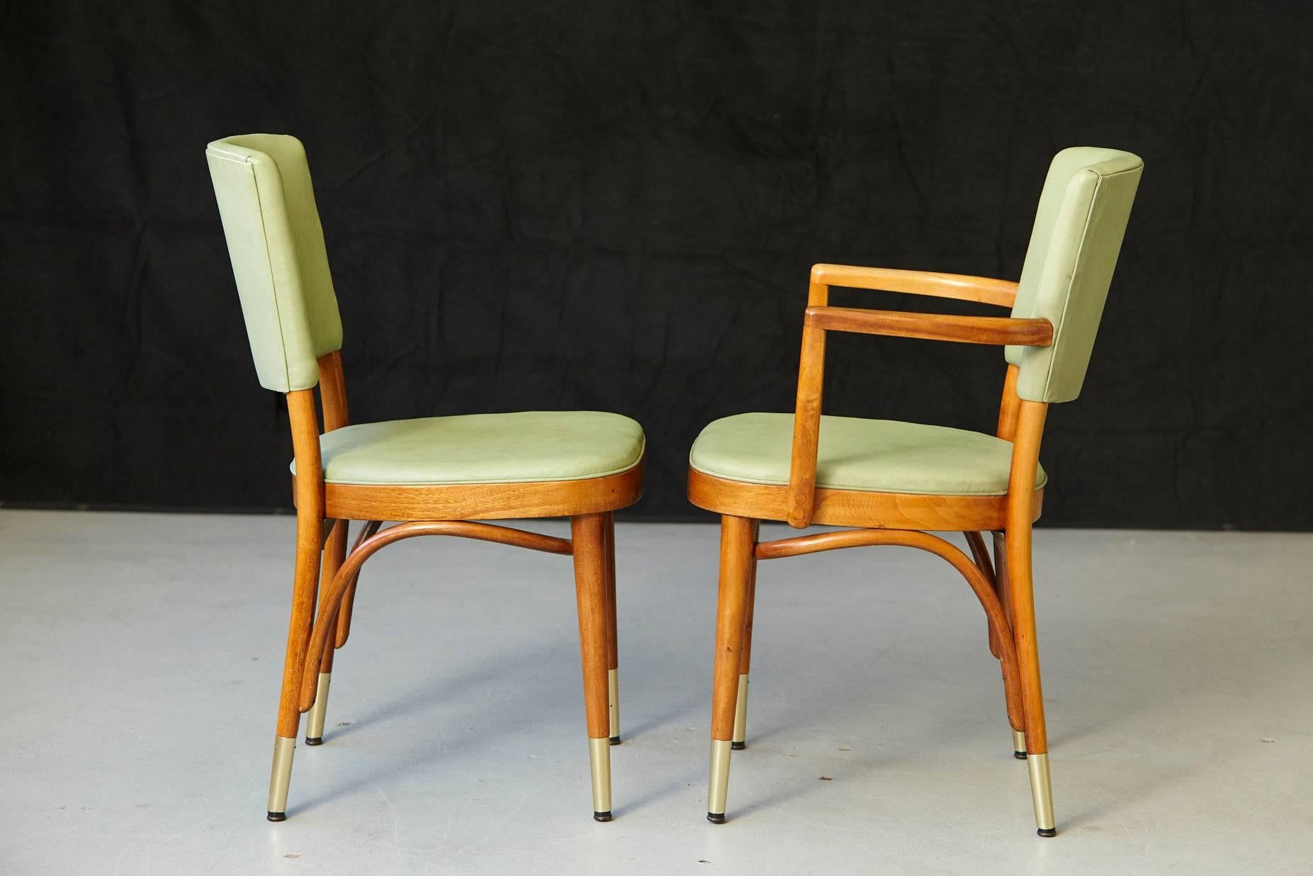 American Set of Eight Thonet Maple Bentwood Chairs in Pastel Green and Brass Sabots