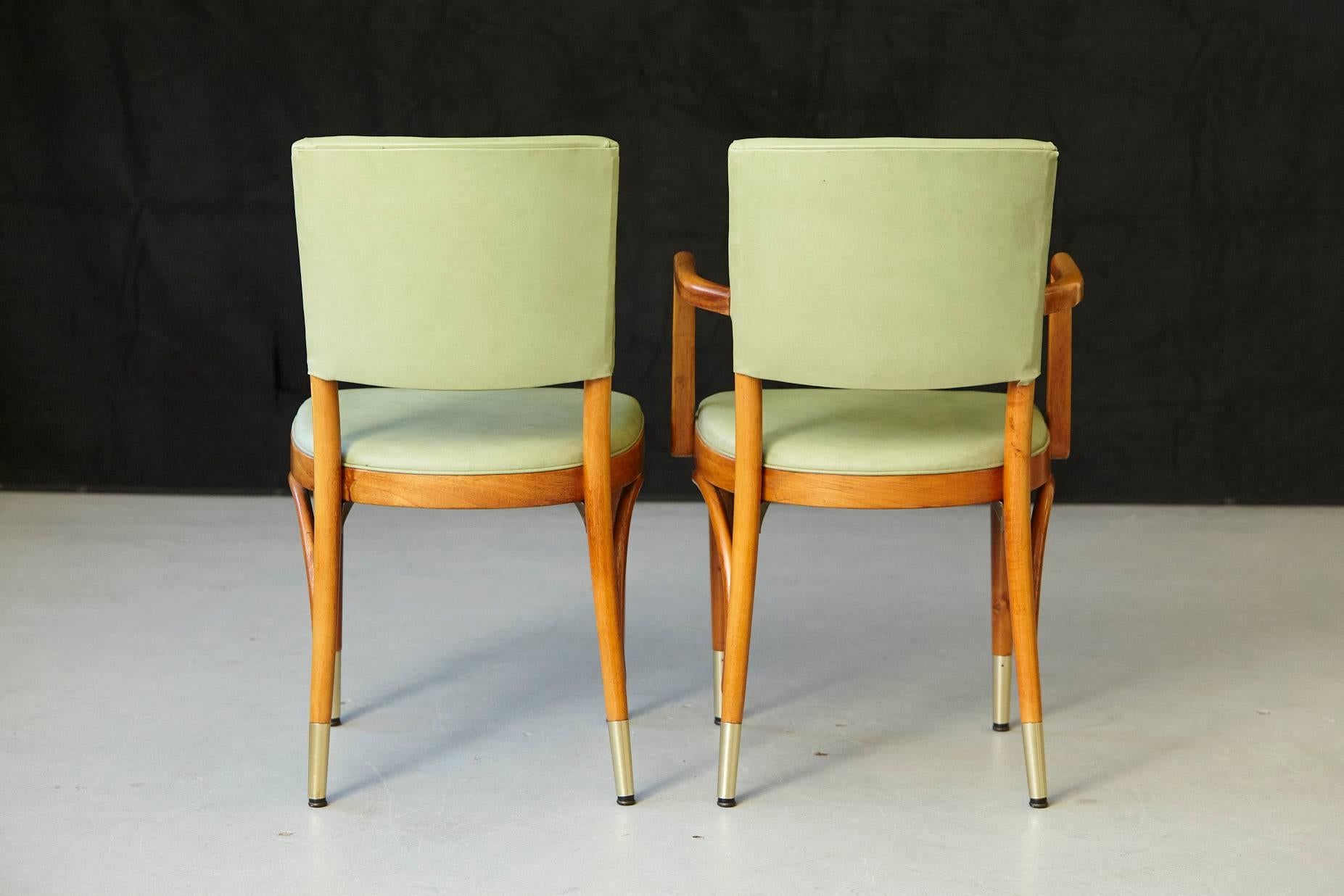 Set of Eight Thonet Maple Bentwood Chairs in Pastel Green and Brass Sabots In Excellent Condition In Pau, FR