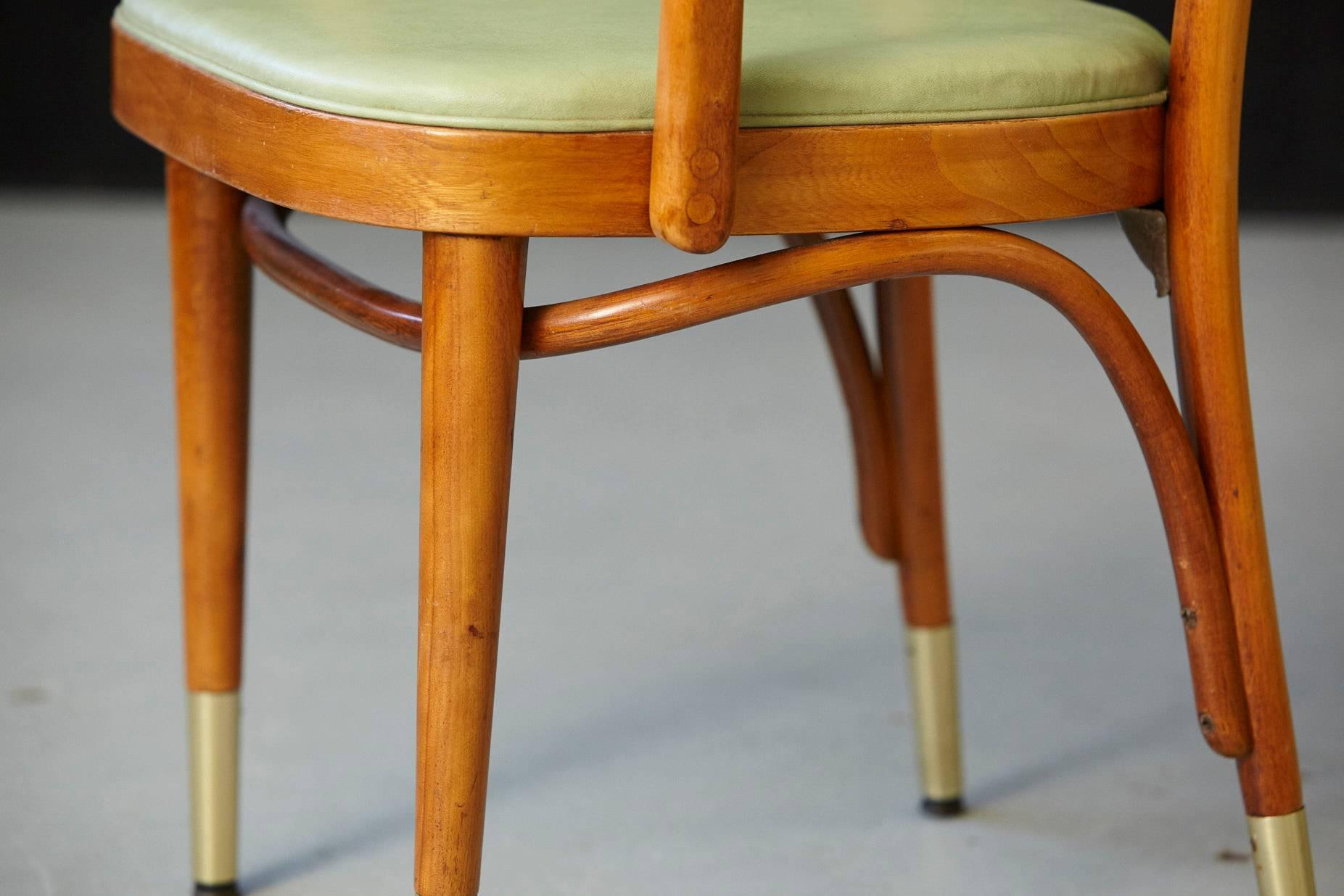 Mid-20th Century Set of Eight Thonet Maple Bentwood Chairs in Pastel Green and Brass Sabots