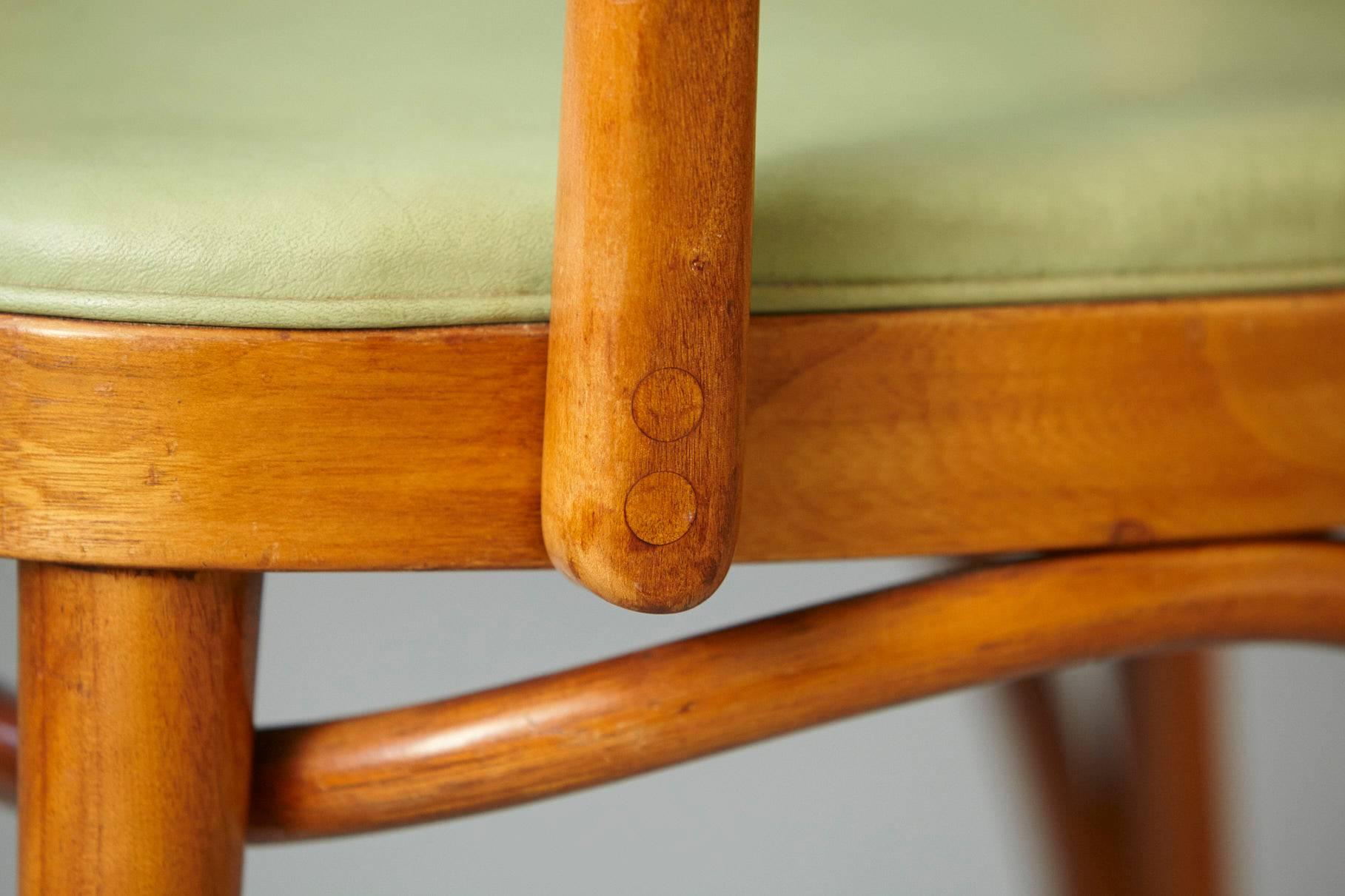 Set of Eight Thonet Maple Bentwood Chairs in Pastel Green and Brass Sabots 1