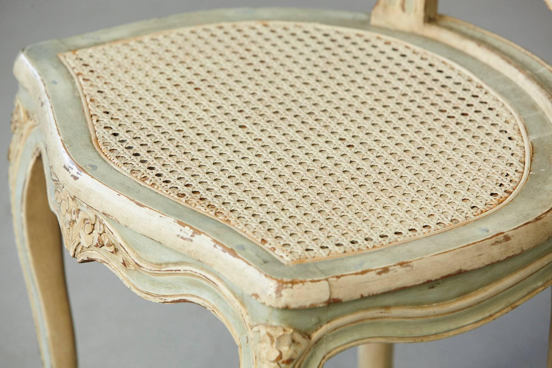 Hand-Painted 19th Century French Paint Decorated Caned Vanity Chair in the Style of Louis XV