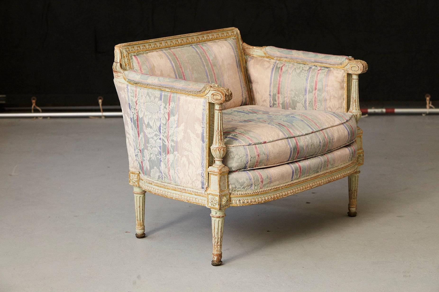 Gilt 19th Century French Paint and Gild Decorated Bèrgere in the Style of Louis XVI