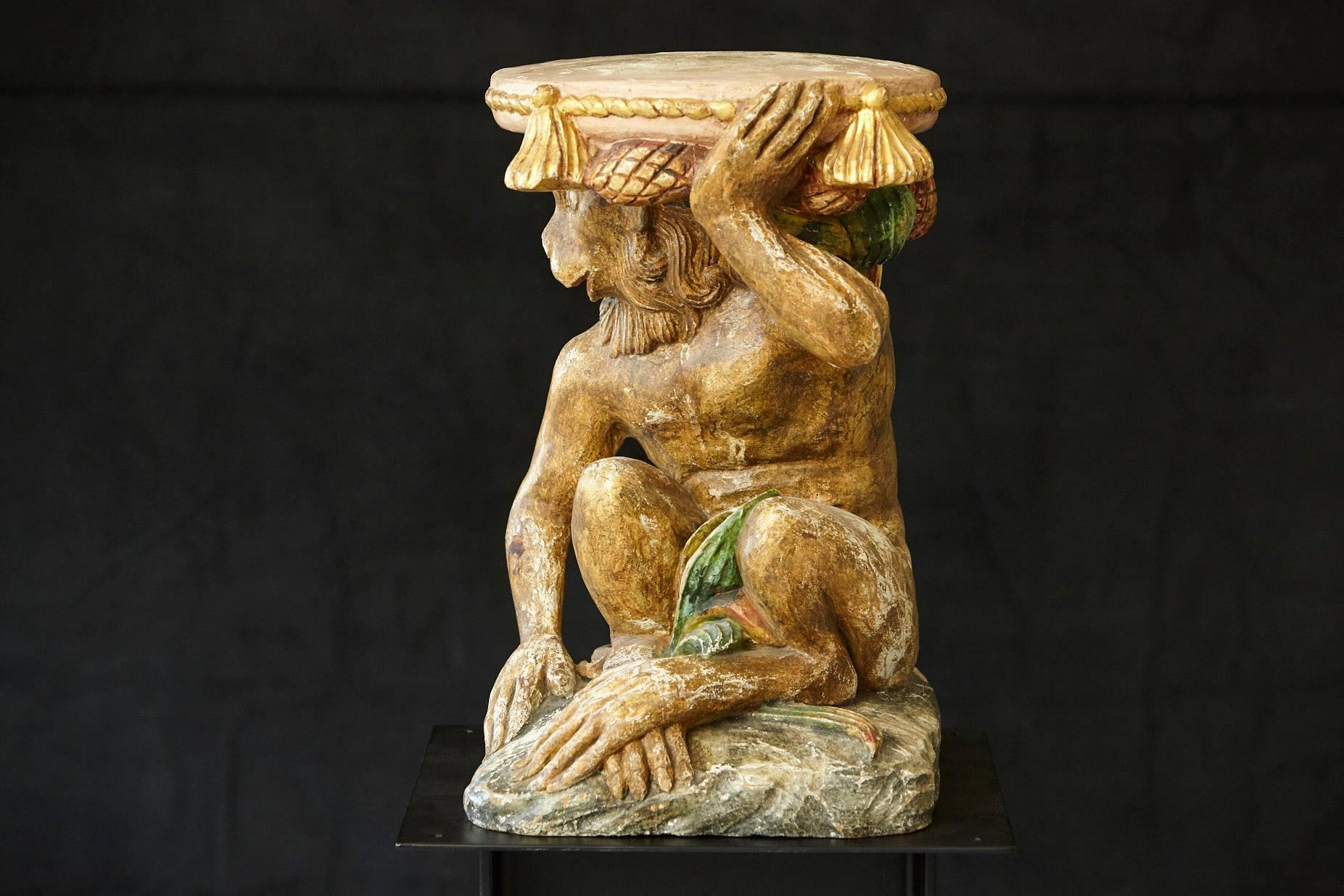 Italian Early 20th Century Carved Wood and Painted Plaster Side Table Showing a Monkey