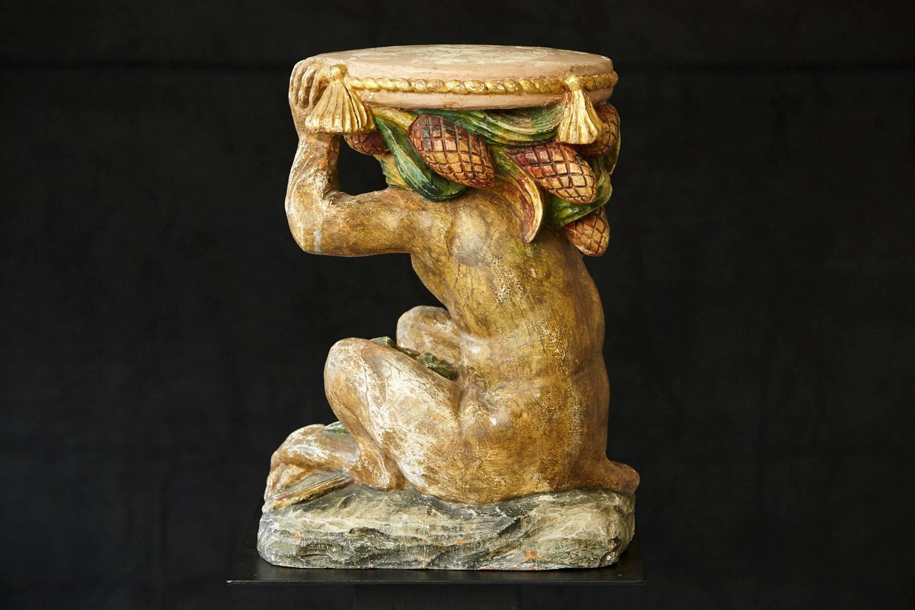 Hand-Painted Early 20th Century Carved Wood and Painted Plaster Side Table Showing a Monkey