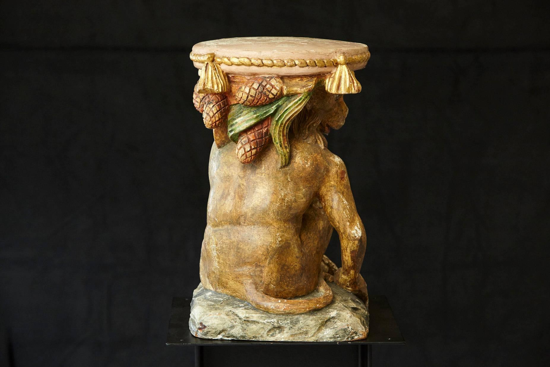 Early 20th Century Carved Wood and Painted Plaster Side Table Showing a Monkey In Good Condition In Pau, FR