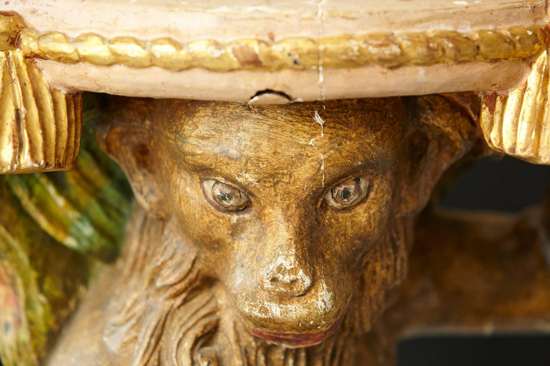 Early 20th Century Carved Wood and Painted Plaster Side Table Showing a Monkey 2