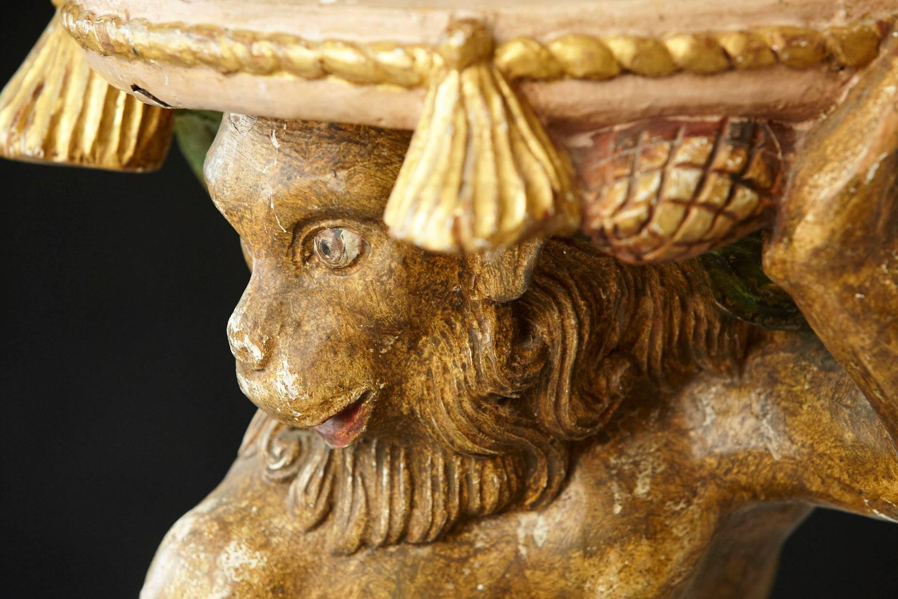Early 20th Century Carved Wood and Painted Plaster Side Table Showing a Monkey 3