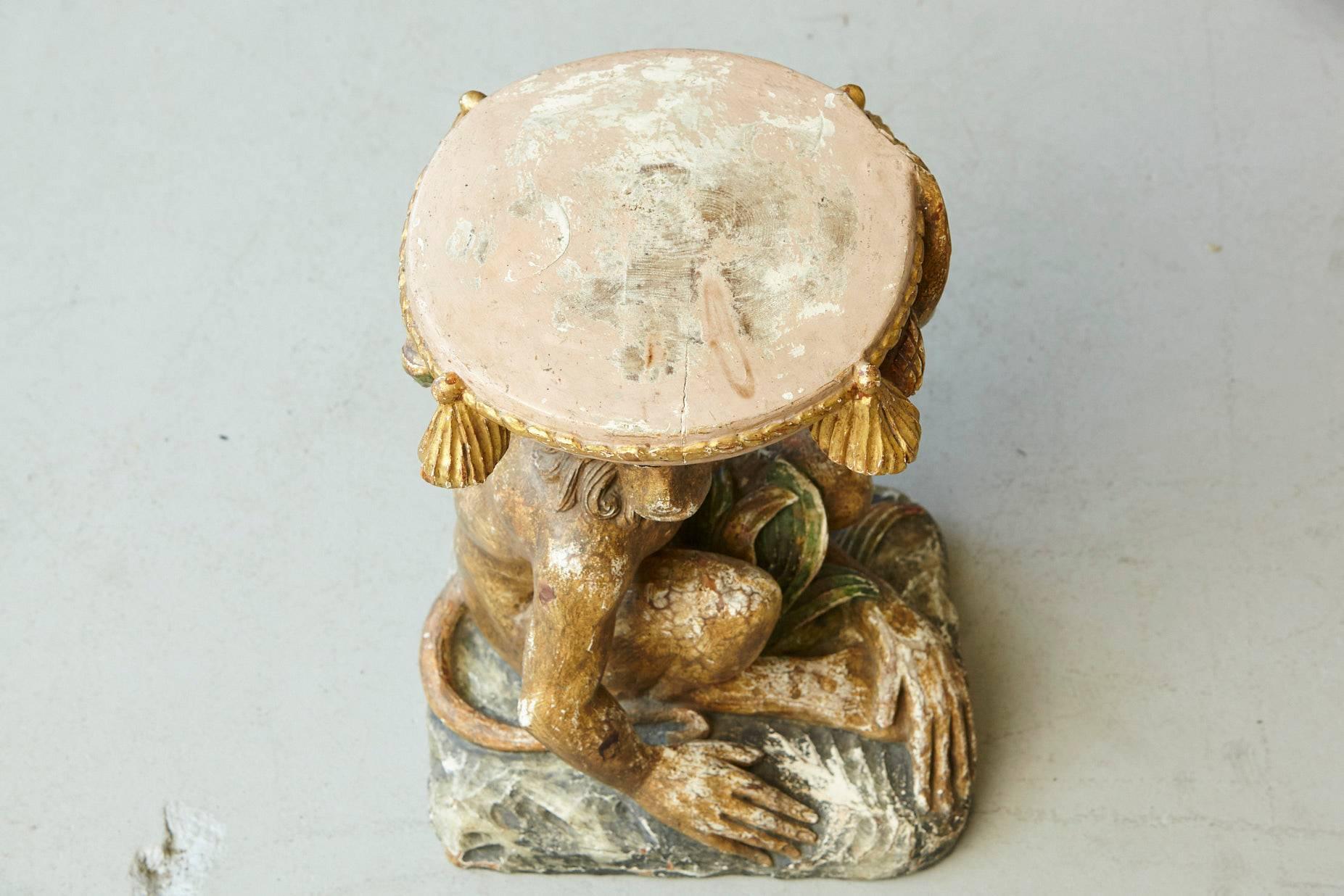 Early 20th Century Carved Wood and Painted Plaster Side Table Showing a Monkey 5