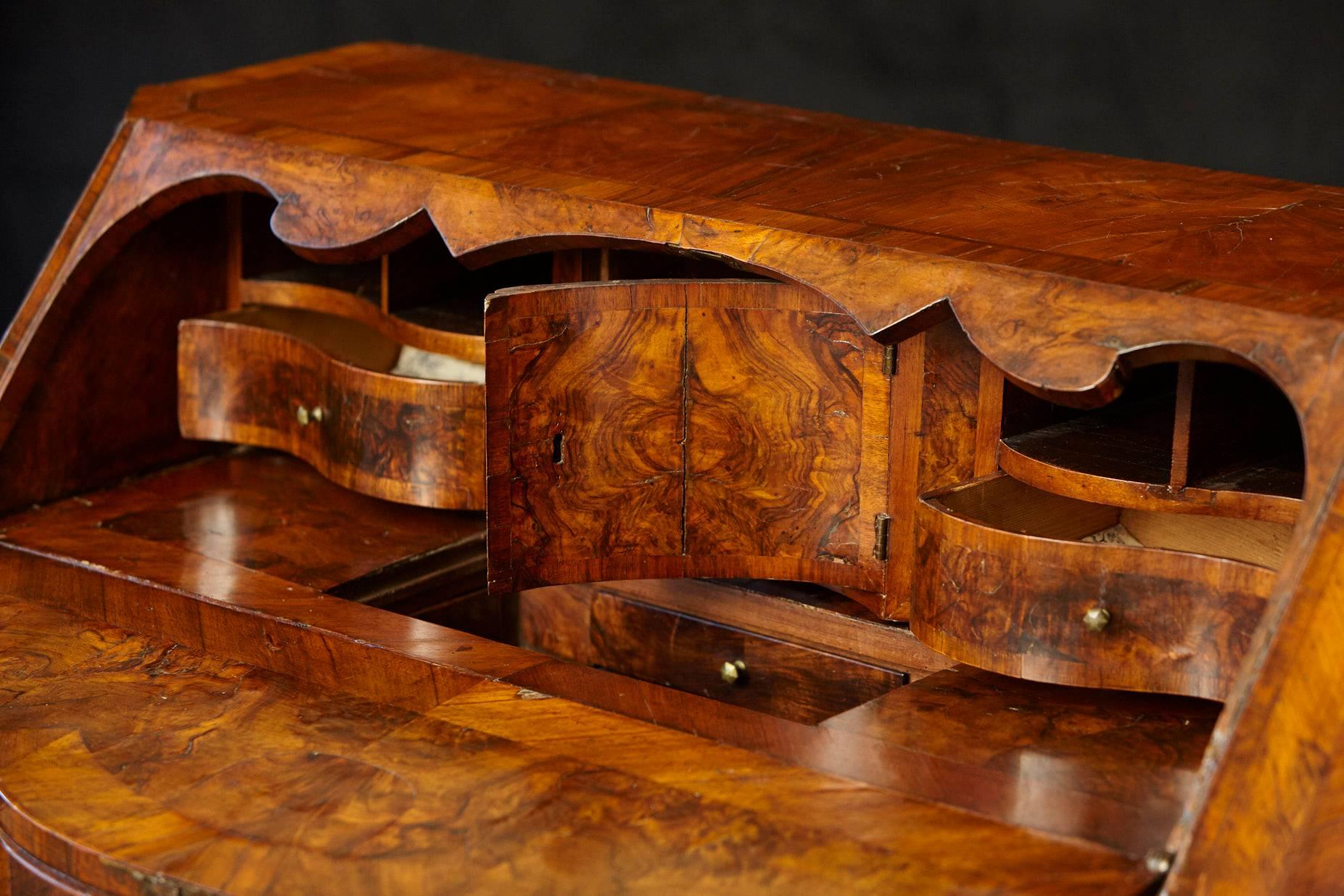 Rococo Italian Burled Walnut Slant Front Desk with Hidden Drawers