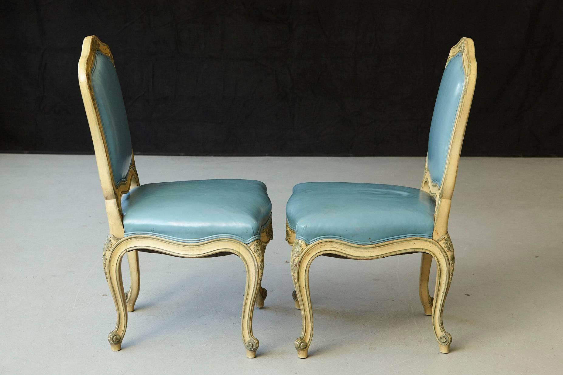 Mid-20th Century Pair of French Louis XV Style Side Chairs Upholstered in Powder Blue Leather For Sale