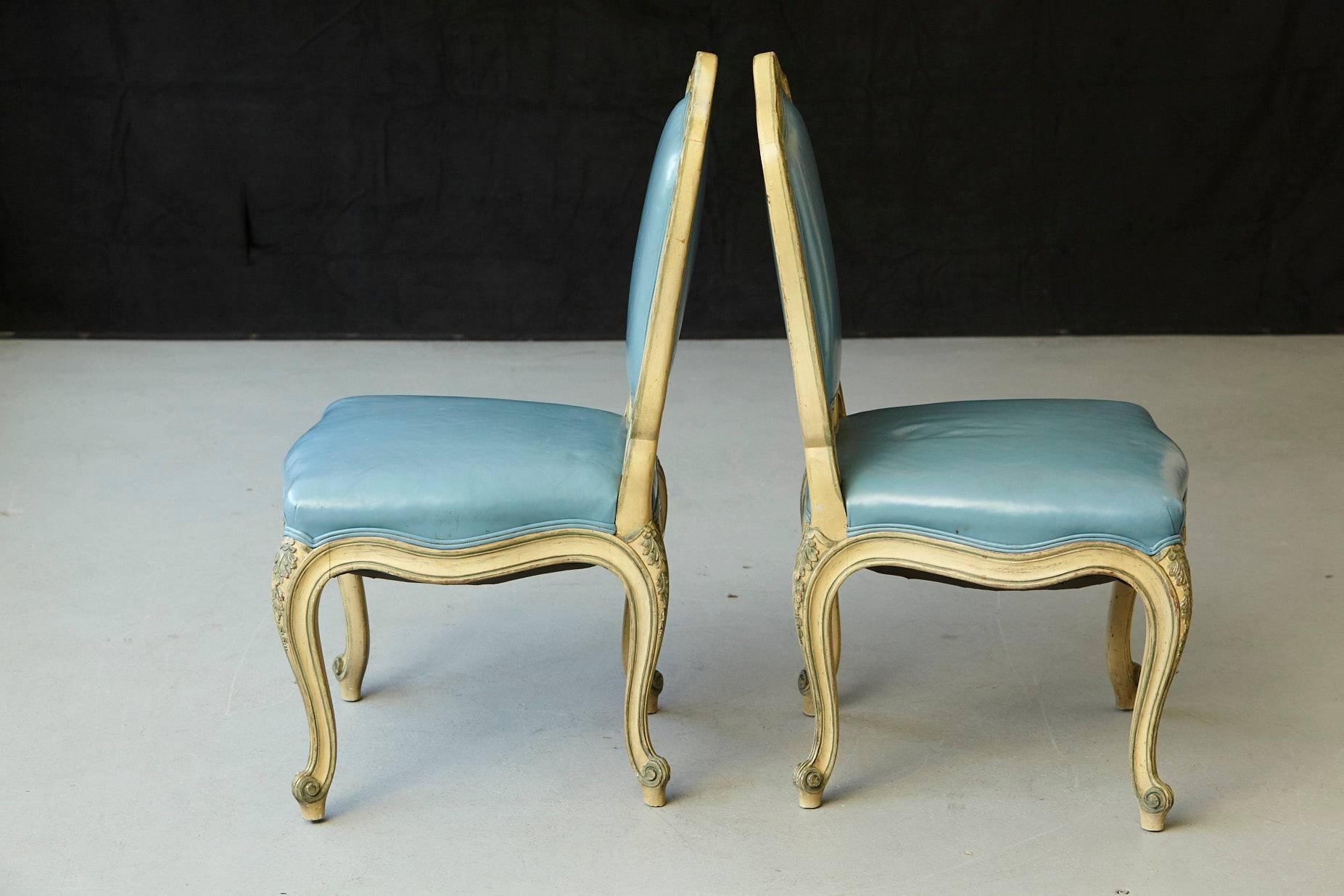 Pair of French Louis XV Style Side Chairs Upholstered in Powder Blue Leather For Sale 1