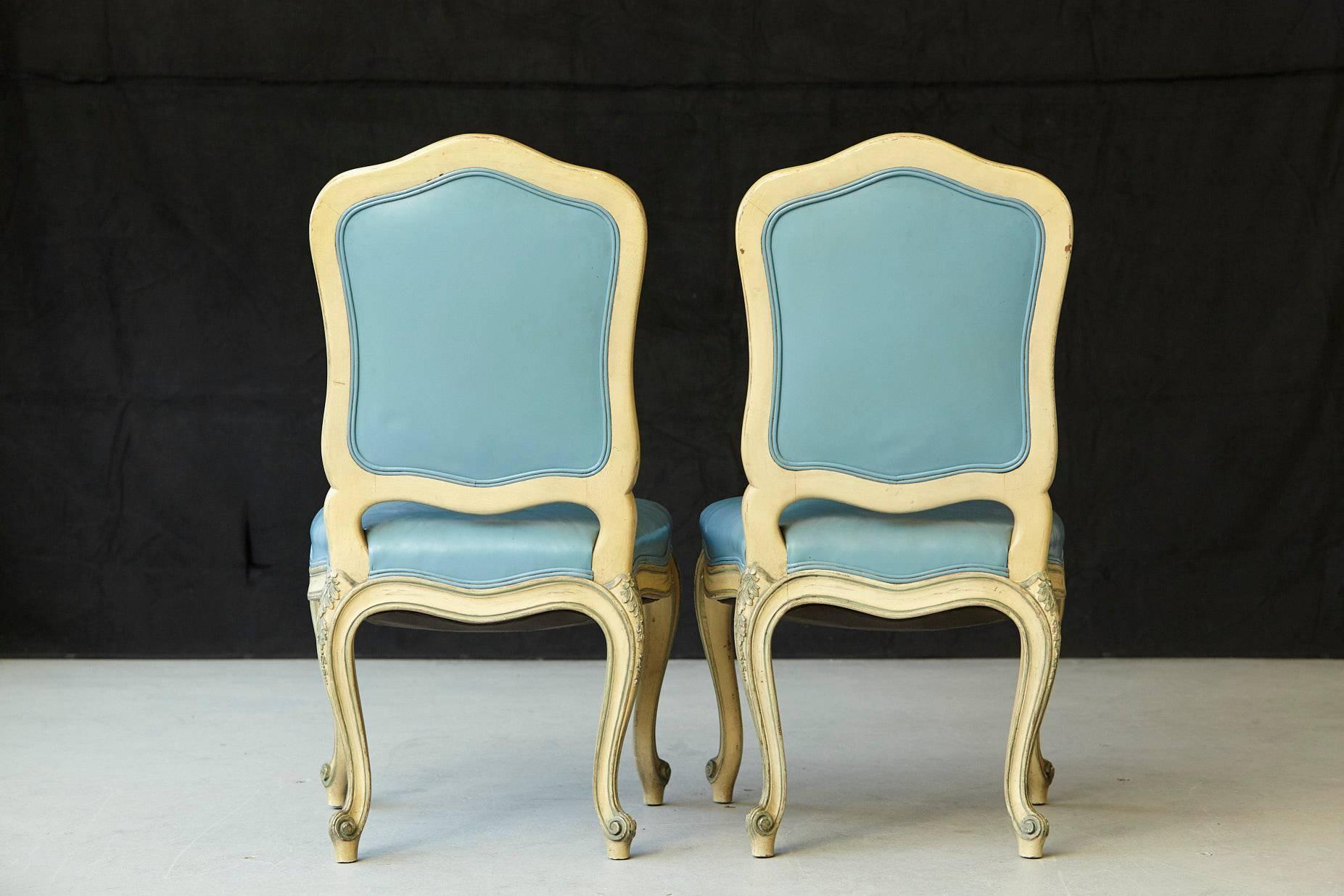 Pair of French Louis XV Style Side Chairs Upholstered in Powder Blue Leather For Sale 2