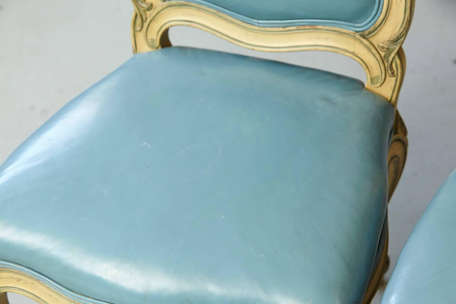 Pair of French Louis XV Style Side Chairs Upholstered in Powder Blue Leather For Sale 4