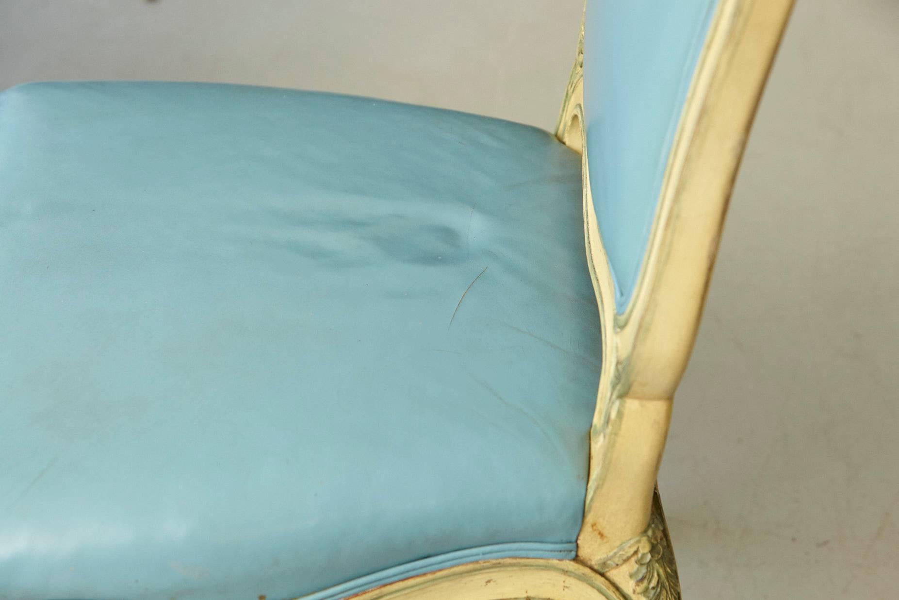 Pair of French Louis XV Style Side Chairs Upholstered in Powder Blue Leather For Sale 5