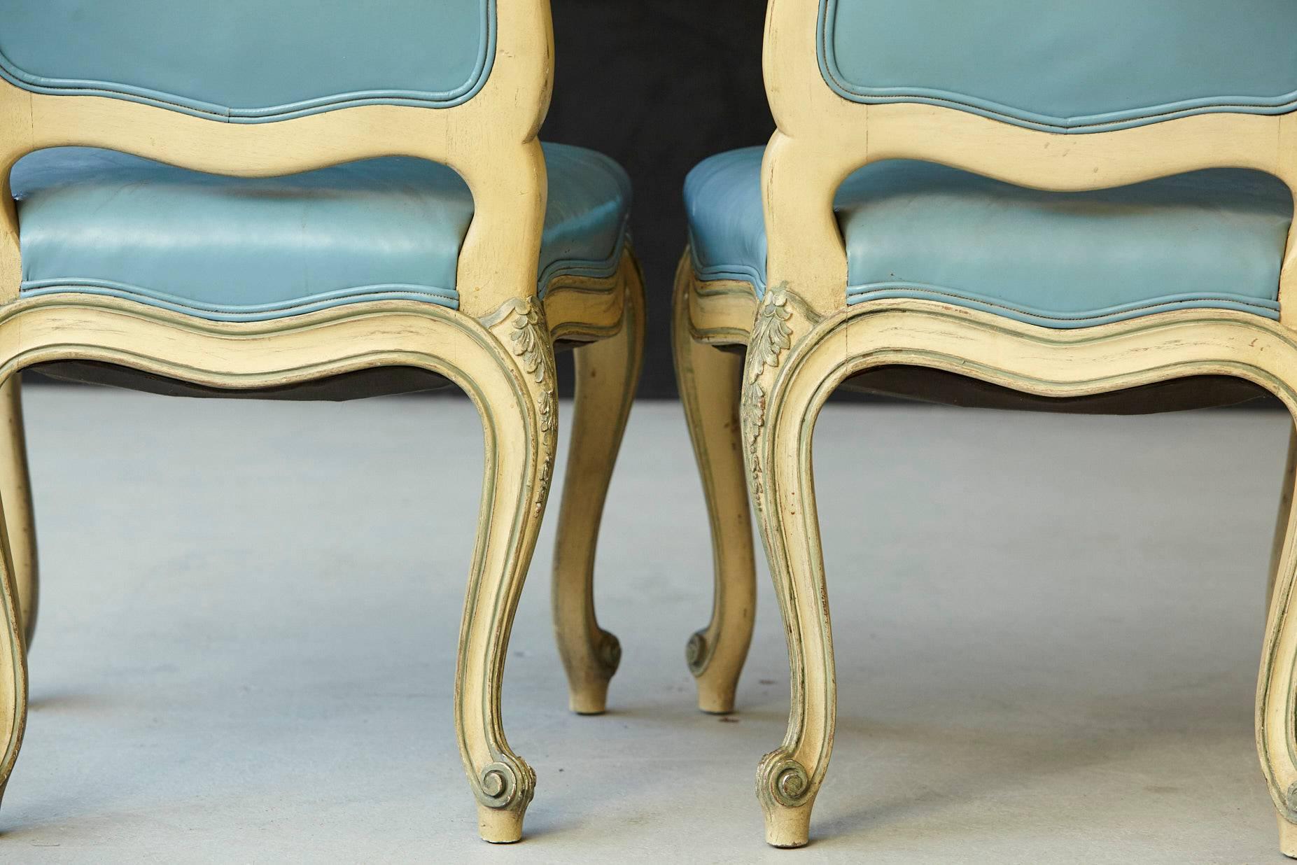 Pair of French Louis XV Style Side Chairs Upholstered in Powder Blue Leather For Sale 3