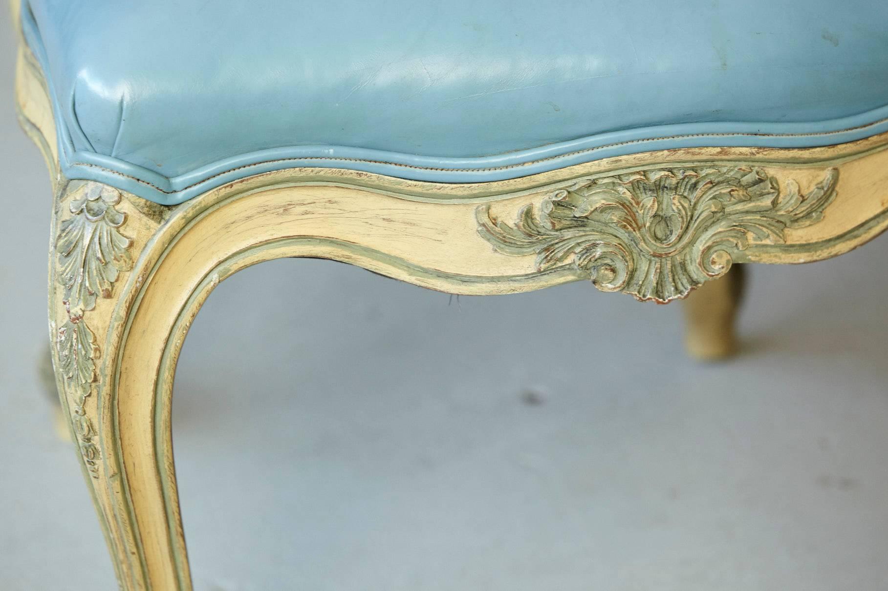 Pair of French Louis XV Style Side Chairs Upholstered in Powder Blue Leather For Sale 6