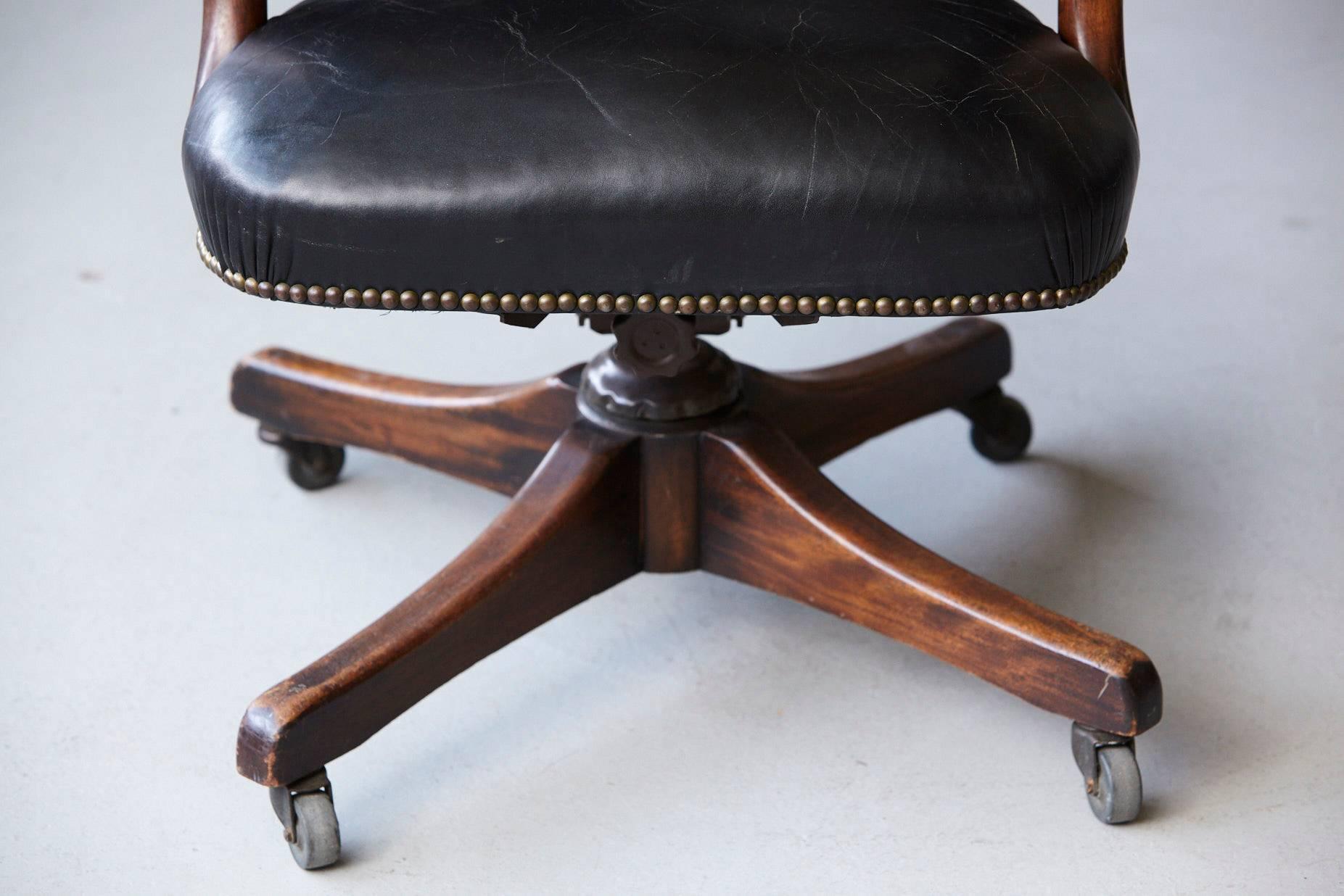 Late 20th Century Yale Burge High Back Leather and Walnut 'Banker's' Chair 
