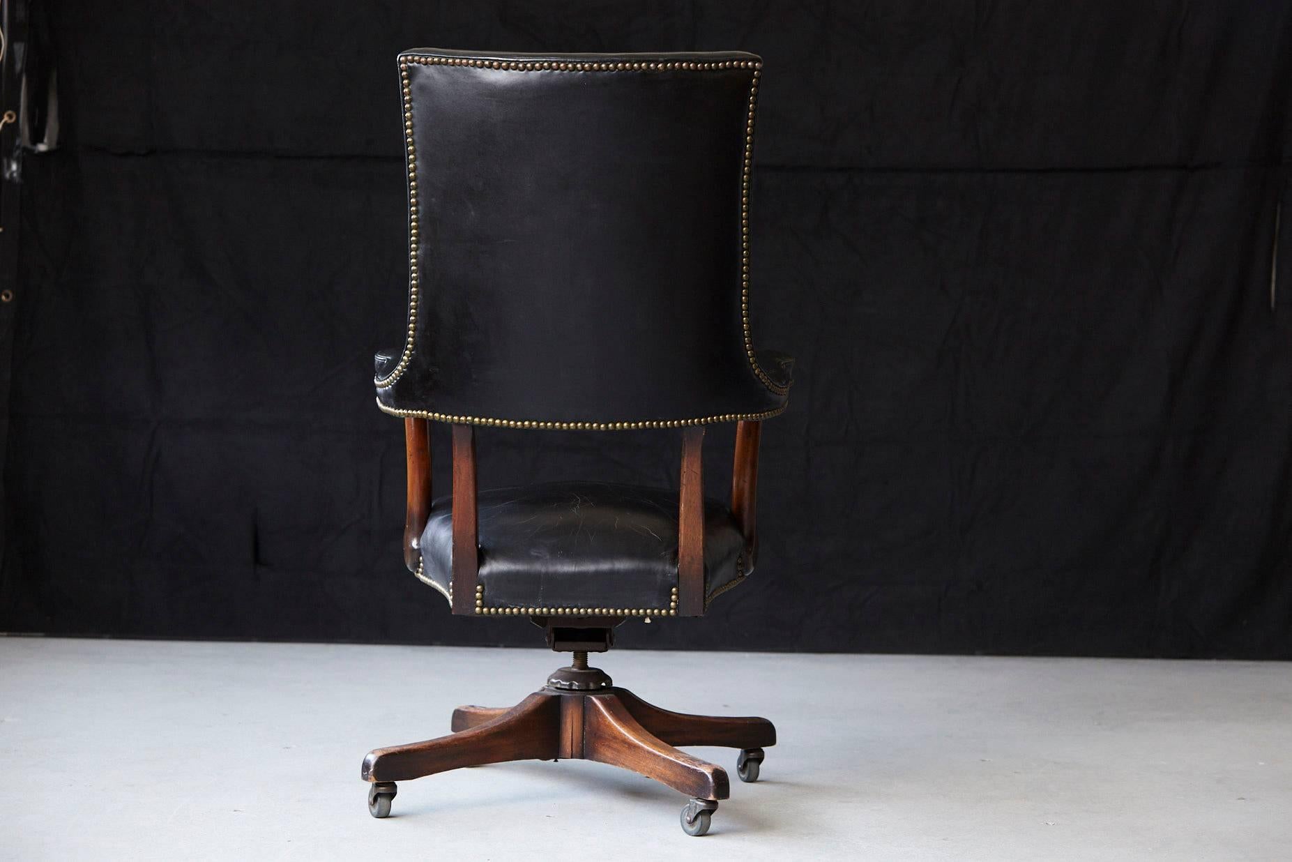American Yale Burge High Back Leather and Walnut 'Banker's' Chair 