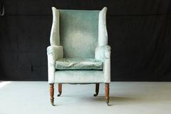 19th Cent. Hepplewhite Mahogany Wingback Chair in Light Turqouise Striae Velvet