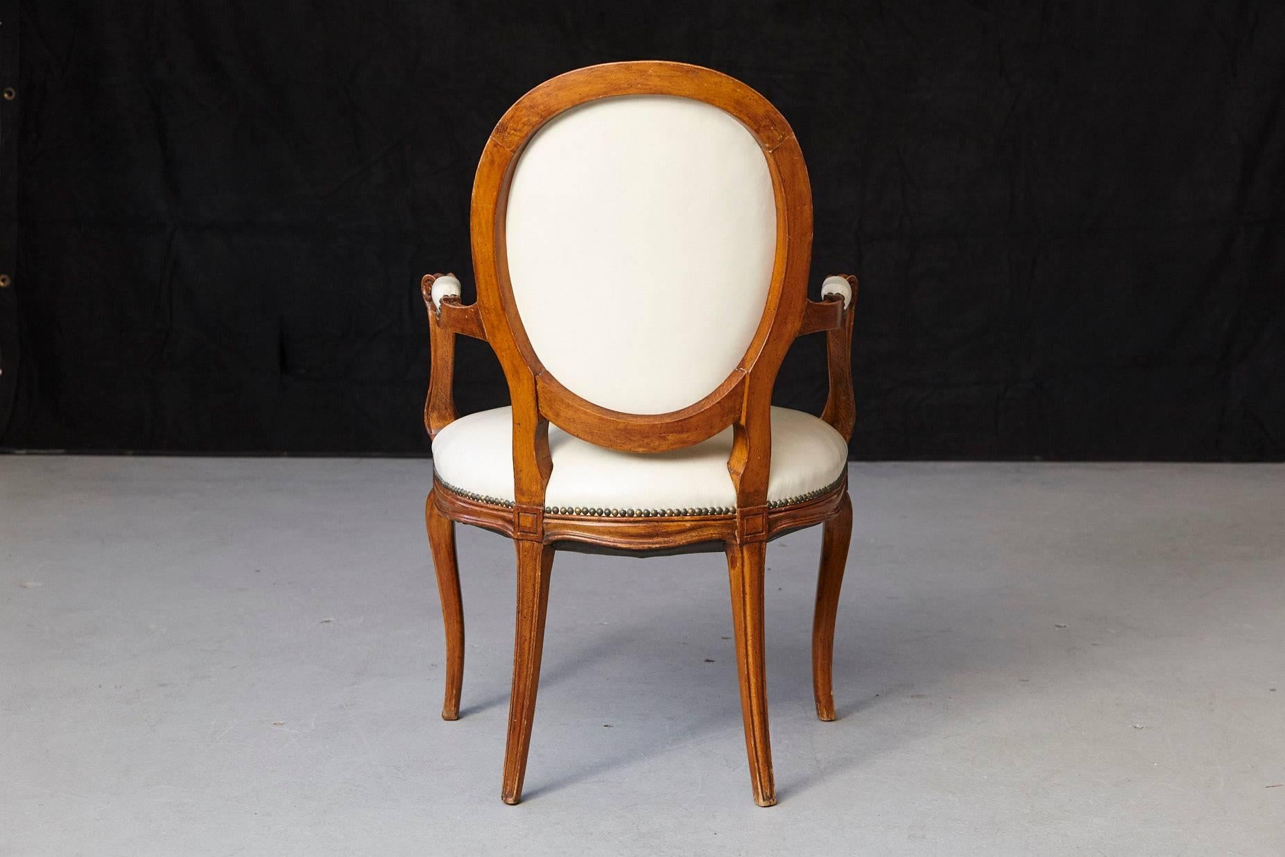 Brass Louis XV Style Walnut Fauteuil in Nail Trimmed Creme Leather